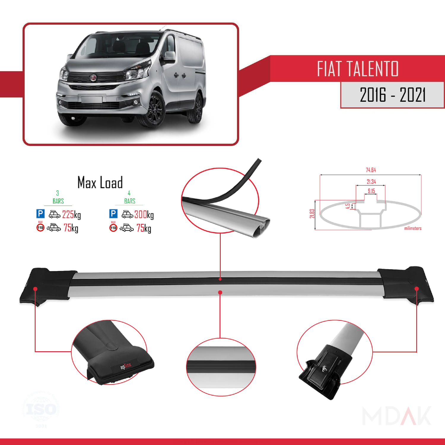 Fiat Talento 2016-2021 Arası ile Uyumlu FLY Model Ara Atkı Tavan Barı Gri 4 Adet - Görsel 3