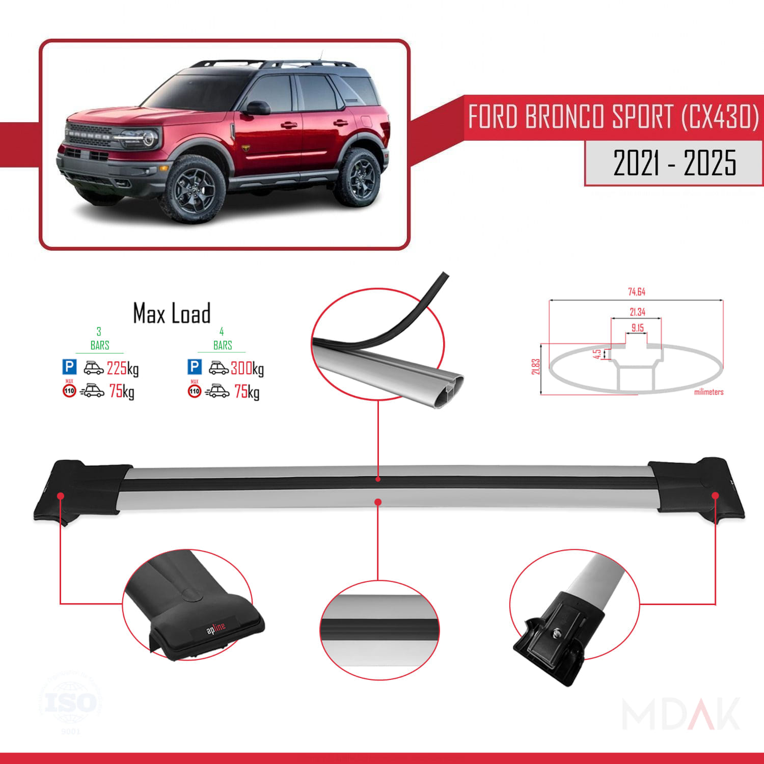 Ford Bronco Sport (CX430) 2021 ve Sonrası ile Uyumlu FLY Model Ara Atkı Tavan Barı Gri 3 Adet - Görsel 3