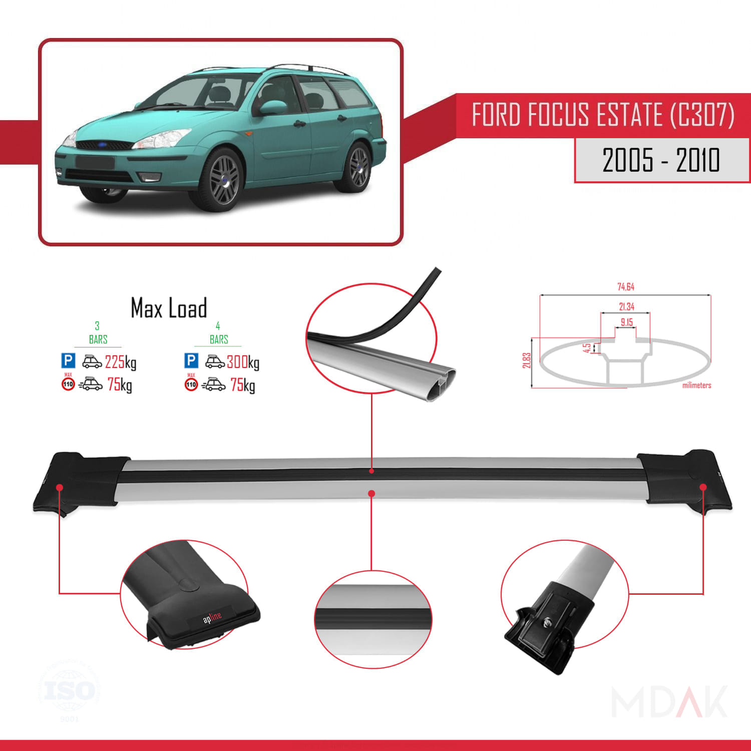 Ford Focus 2 (C307) SW 2005-2010 Arası ile Uyumlu FLY Model Ara Atkı Tavan Barı Gri 3 Adet - Görsel 3