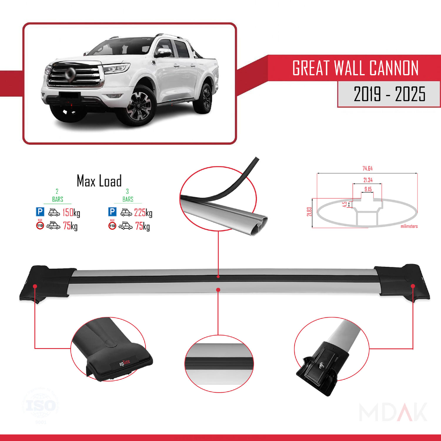 Great Wall Cannon 2019 ve Sonrası ile Uyumlu FLY Model Ara Atkı Tavan Barı Gri 2 Adet - Görsel 3