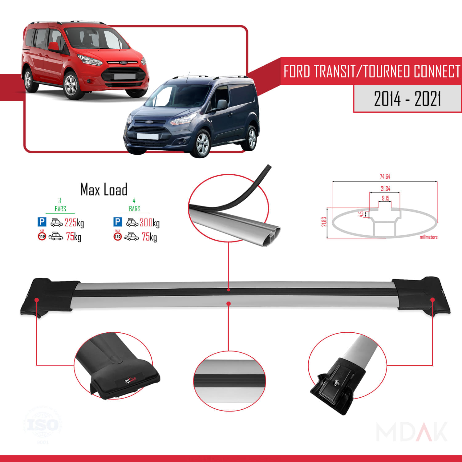 Ford Transit/Tourneo Connect 2 2014-2021 Arası ile Uyumlu FLY Model Ara Atkı Tavan Barı Gri 3 Adet - Görsel 3