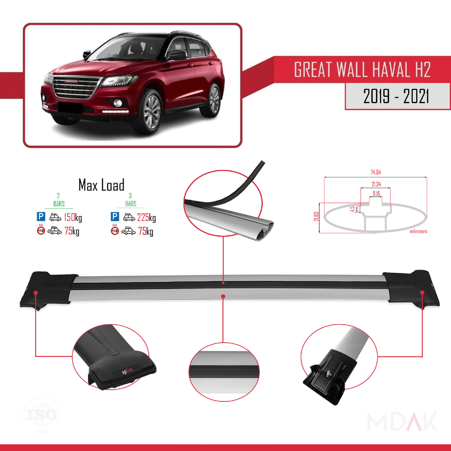 Great Wall Haval H2 2019-2021 Arası ile Uyumlu FLY Model Ara Atkı Tavan Barı Gri 2 Adet - Görsel 3