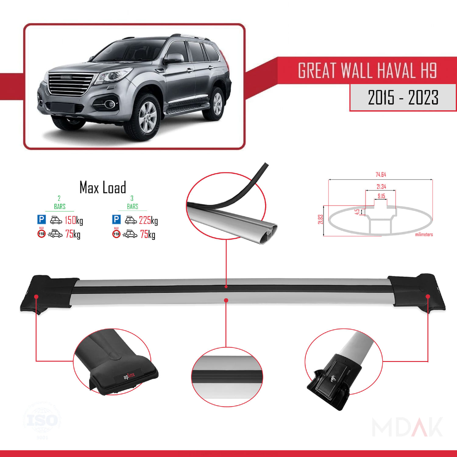 Great Wall Haval H9 2015-2023 Arası ile Uyumlu FLY Model Ara Atkı Tavan Barı Gri 2 Adet - Görsel 3