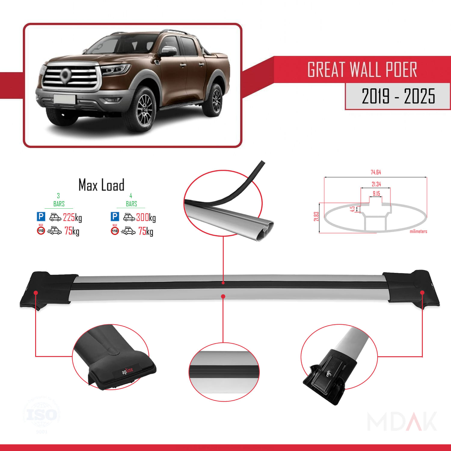 Great Wall Poer 2019 ve Sonrası ile Uyumlu FLY Model Ara Atkı Tavan Barı Gri 3 Adet - Görsel 3