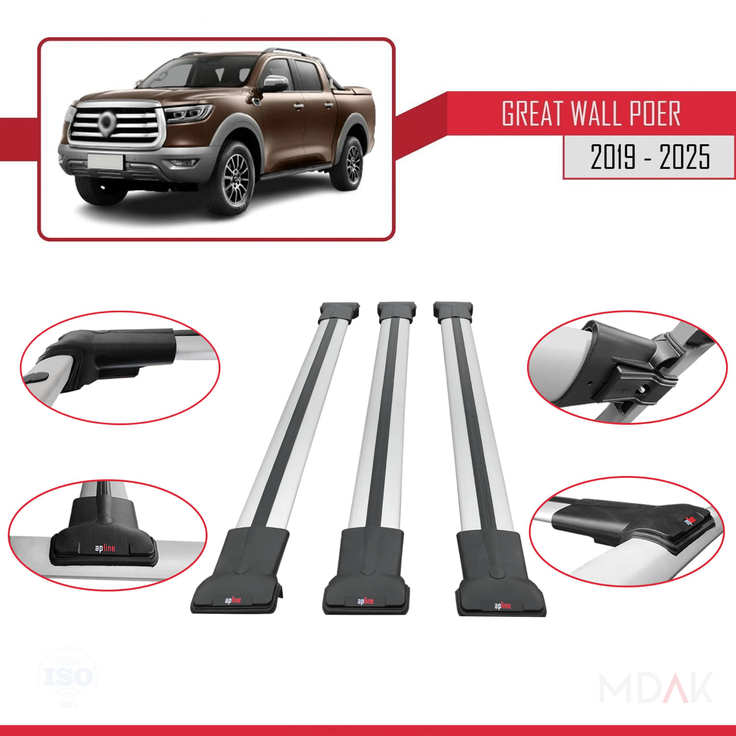 Great Wall Poer 2019 ve Sonrası ile Uyumlu FLY Model Ara Atkı Tavan Barı Gri 3 Adet - Görsel 4