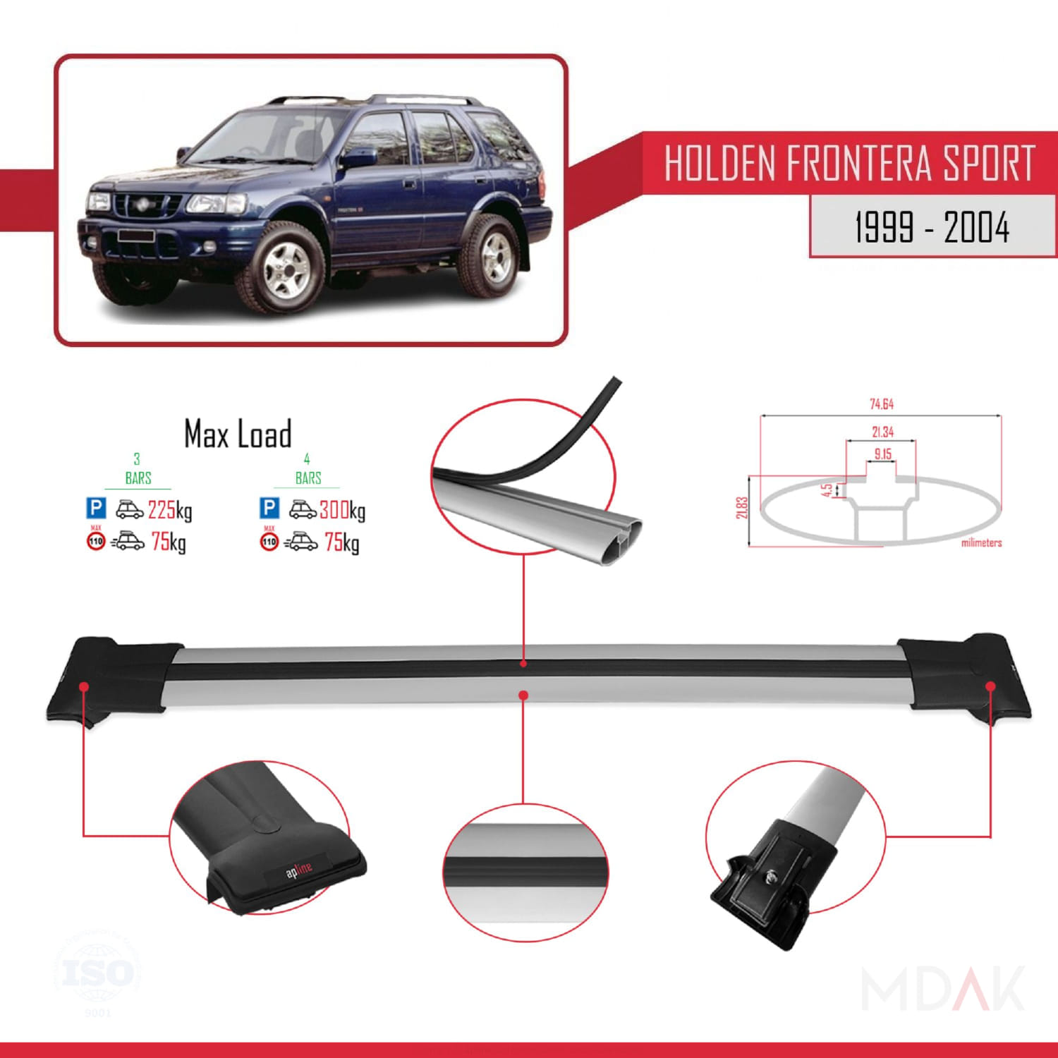 Holden Frontera Sport 2 1999-2004 Arası ile Uyumlu FLY Model Ara Atkı Tavan Barı Gri 3 Adet - Görsel 3
