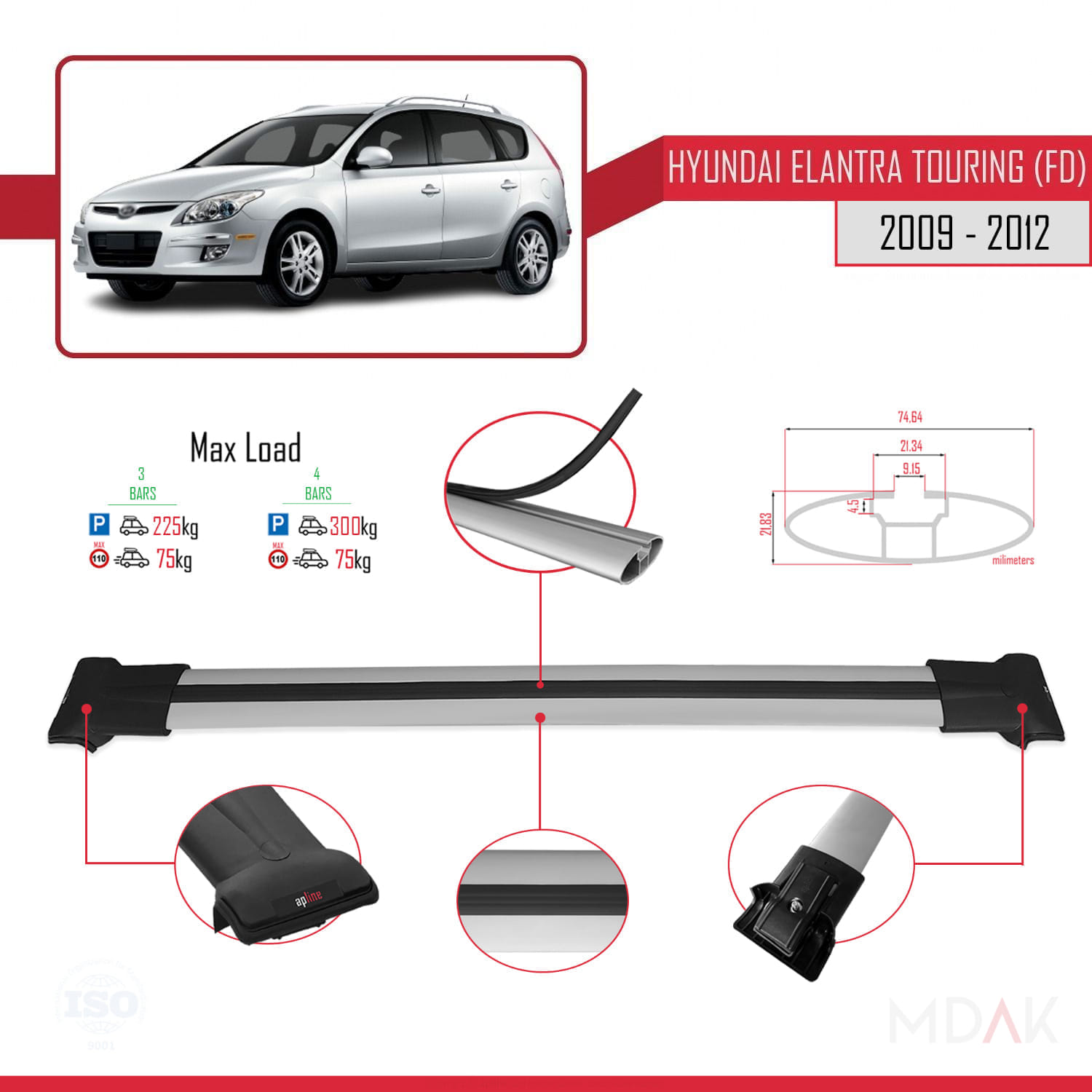 Hyundai Elantra Touring (FD) 2009-2012 Arası ile Uyumlu FLY Model Ara Atkı Tavan Barı Gri 3 Adet - Görsel 3