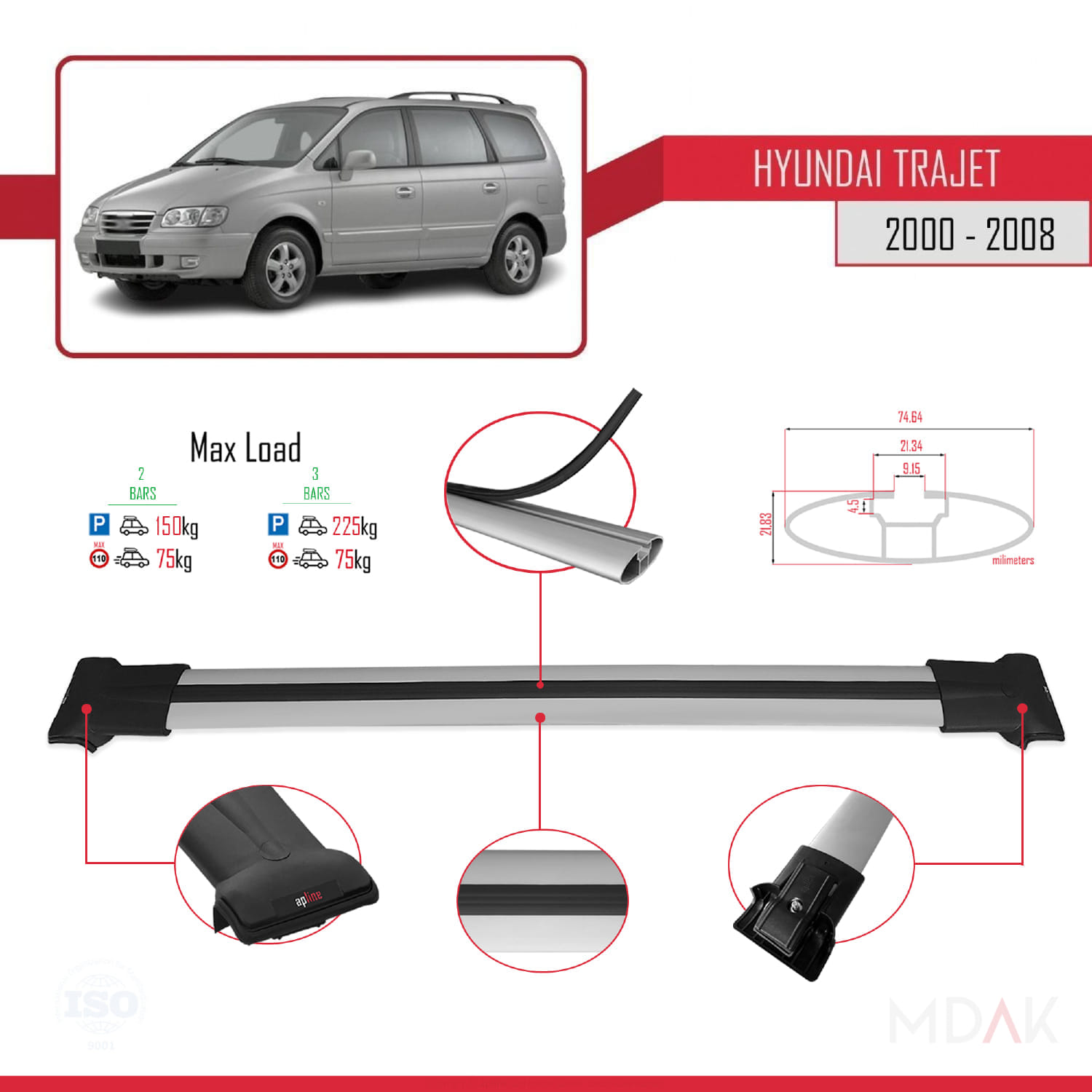 Hyundai Trajet 2000-2008 Arası ile Uyumlu FLY Model Ara Atkı Tavan Barı Gri 2 Adet - Görsel 3