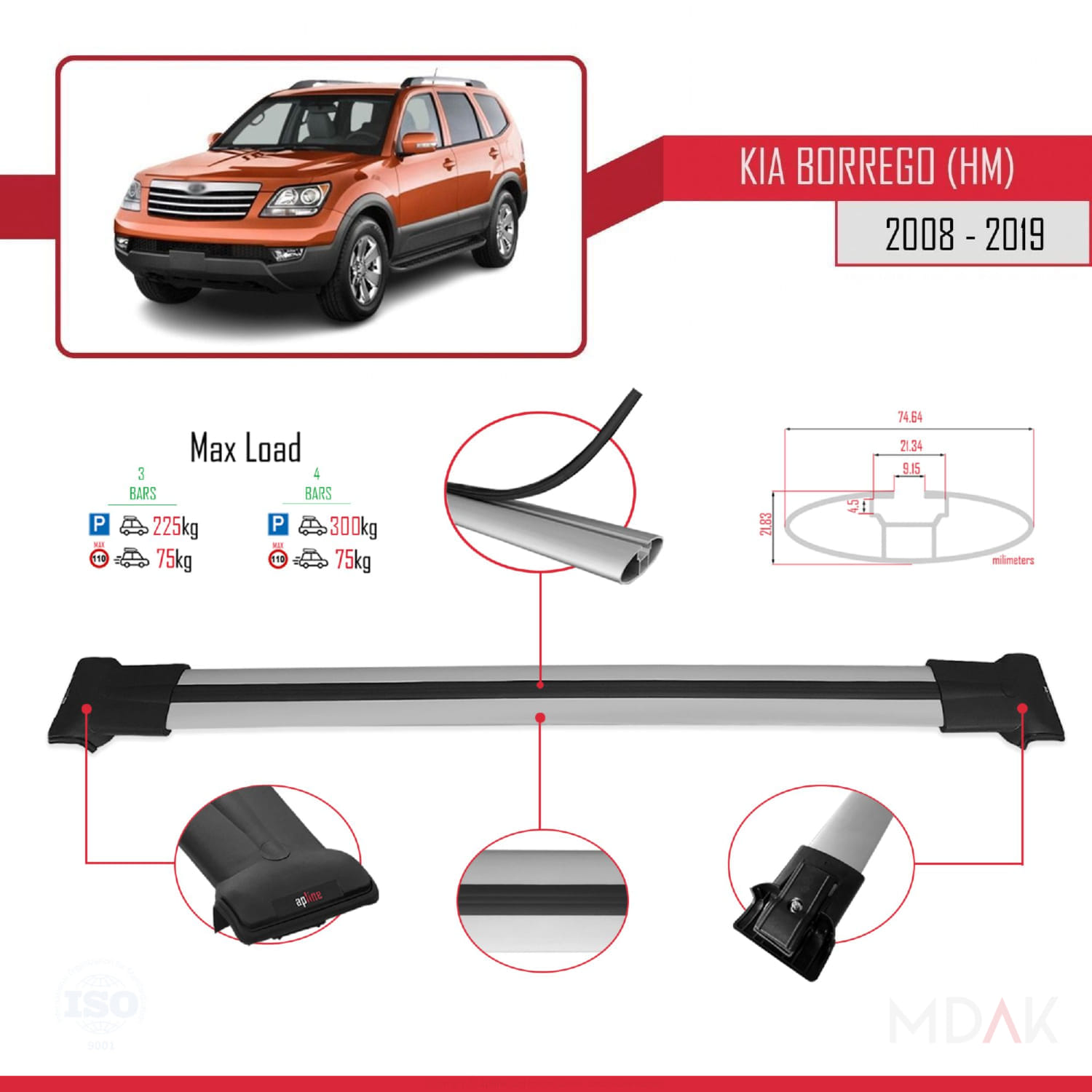 Kia Borrego (HM) 2008-2019 Arası ile Uyumlu FLY Model Ara Atkı Tavan Barı Gri 3 Adet - Görsel 3