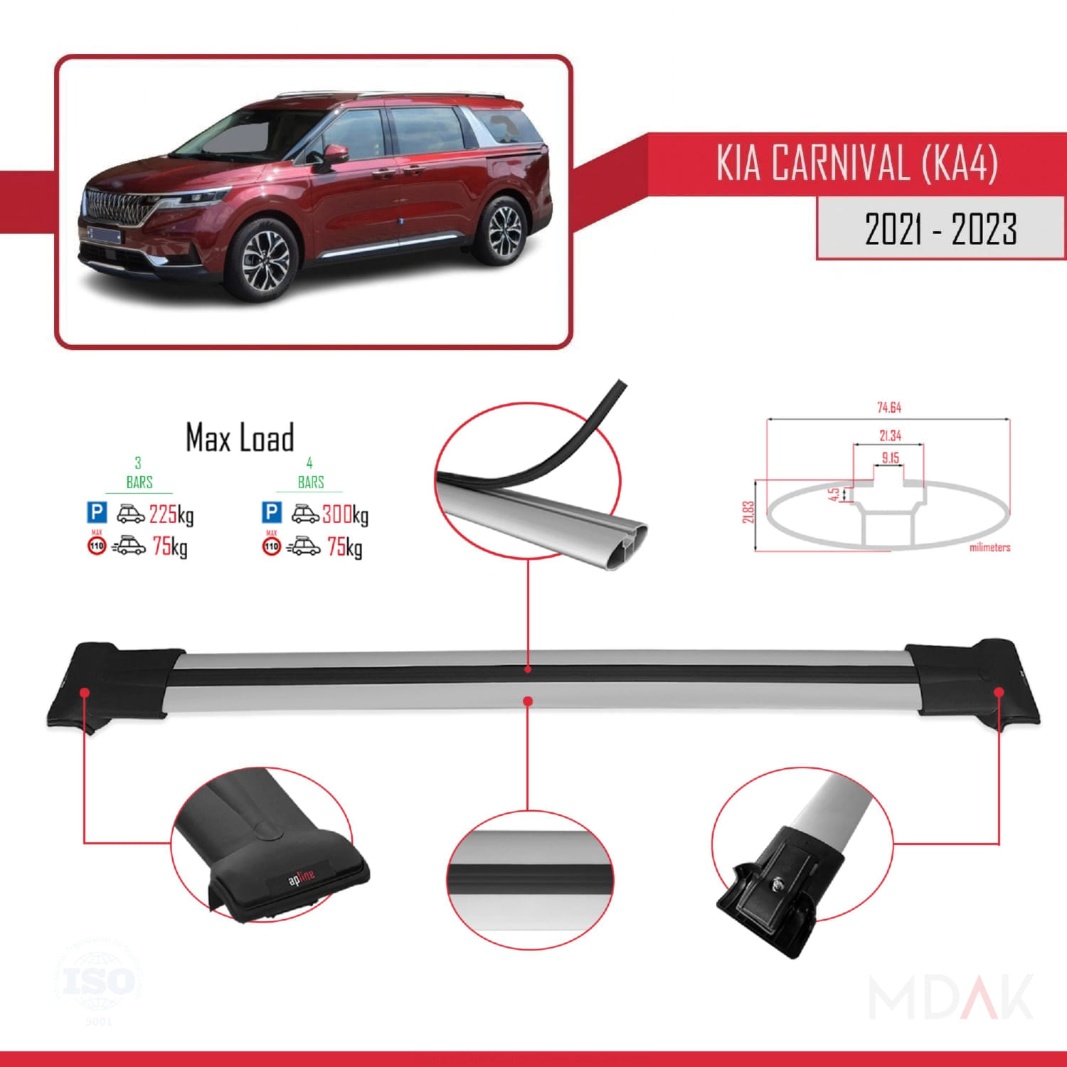 Kia Carnival 4 (KA4) 2021-2023 Arası ile Uyumlu FLY Model Ara Atkı Tavan Barı Gri 3 Adet - Görsel 3