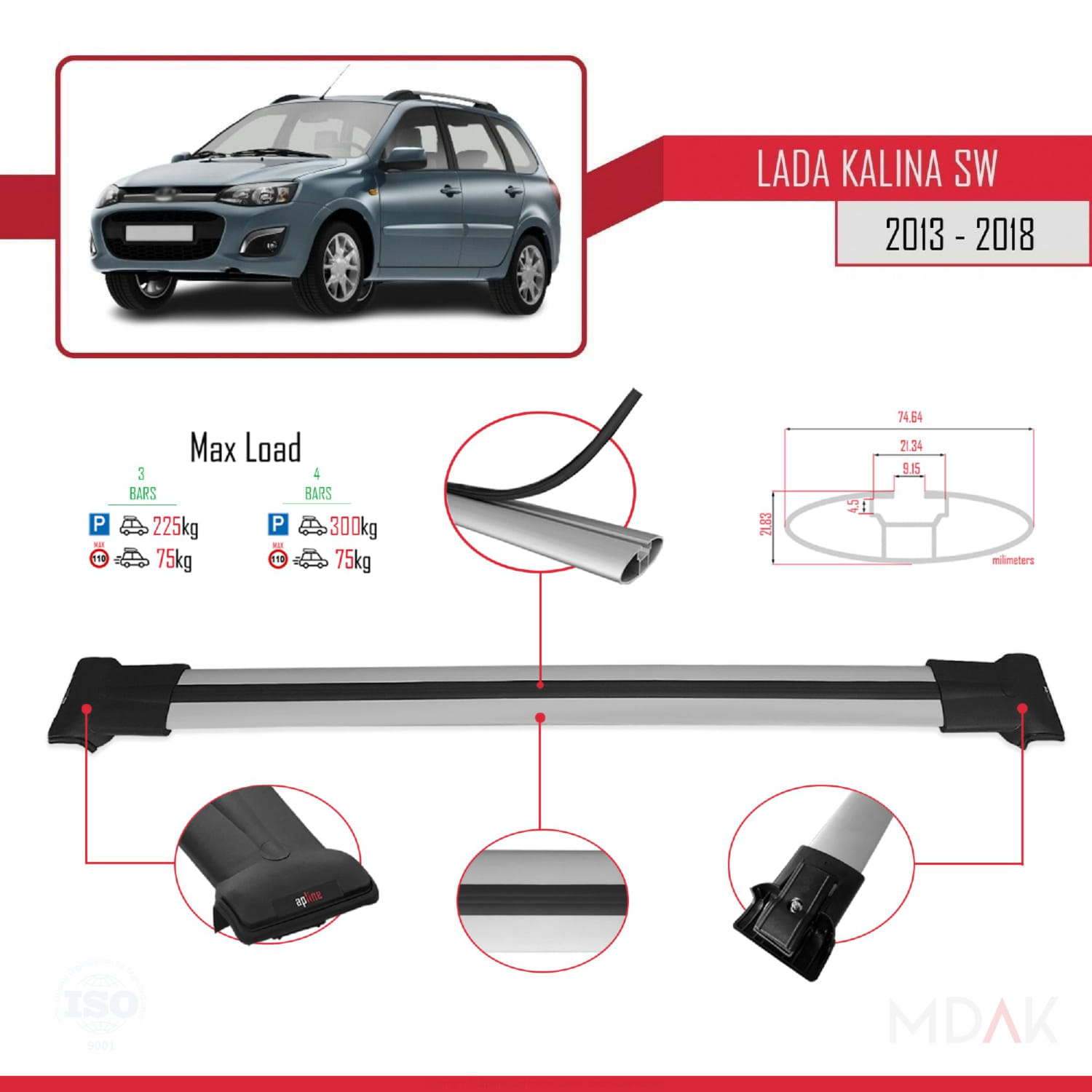 Lada Kalina 2 SW 2013-2018 Arası ile Uyumlu FLY Model Ara Atkı Tavan Barı Gri 3 Adet - Görsel 3