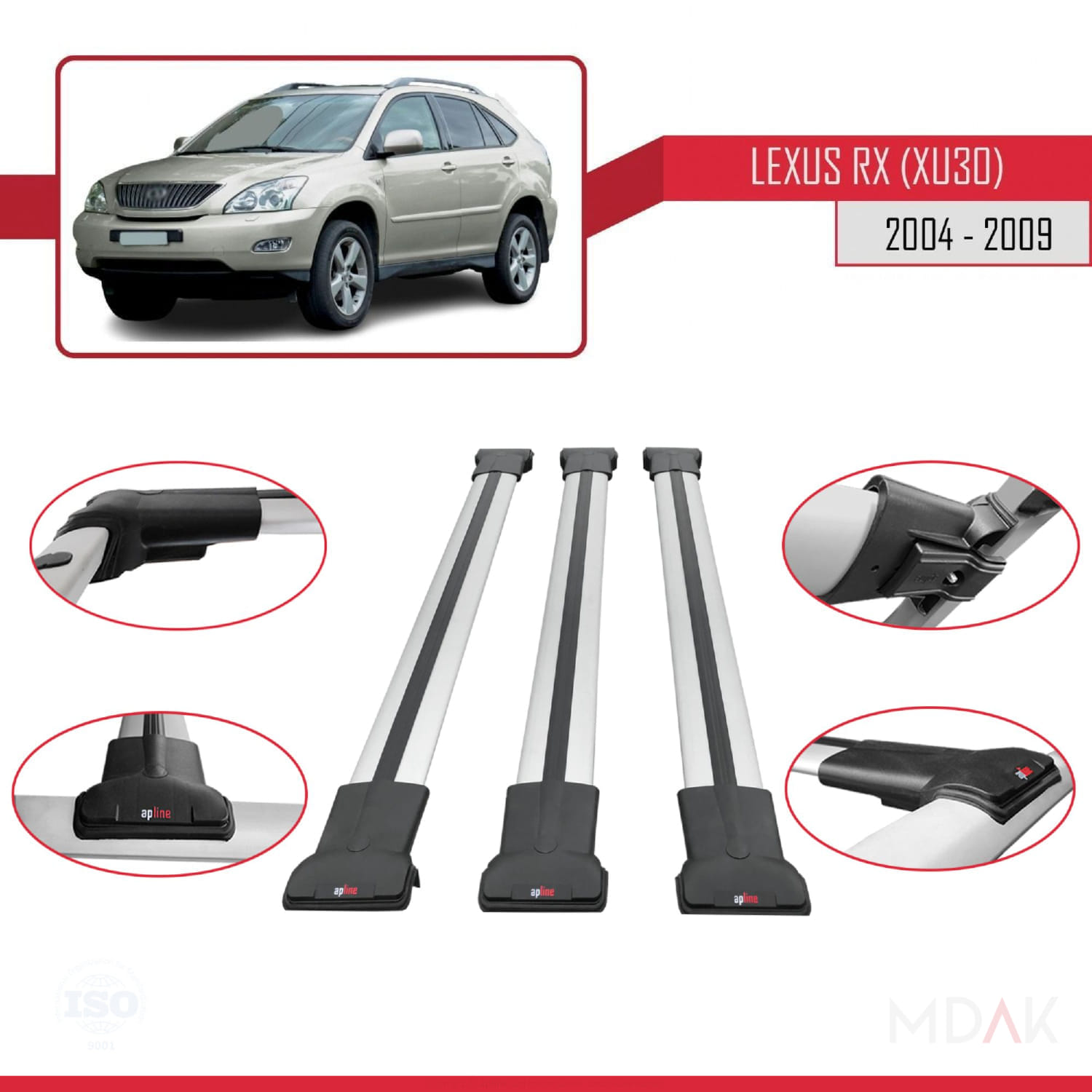 Lexus RX 2 (XU30) 2004-2009 Arası ile Uyumlu FLY Model Ara Atkı Tavan Barı Gri 3 Adet - Görsel 4
