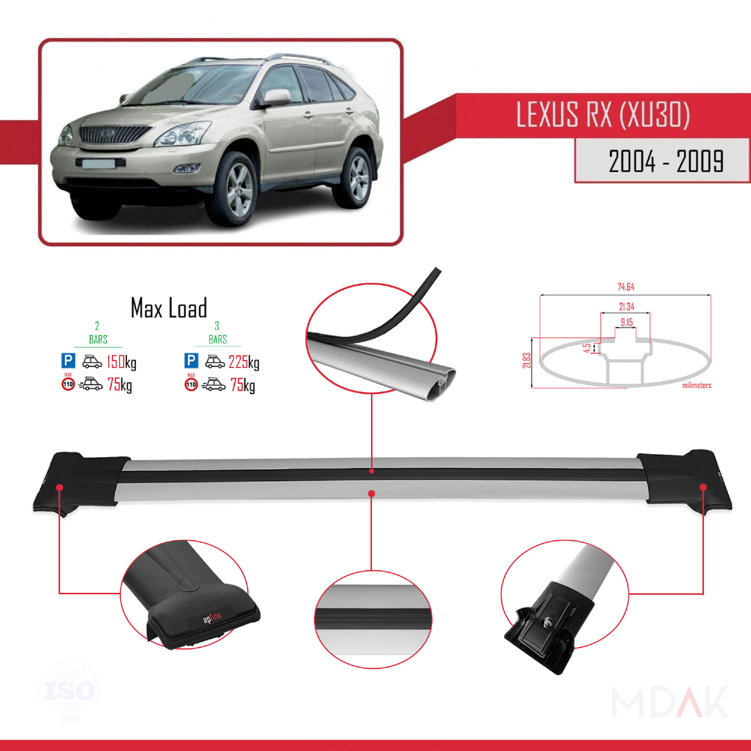 Lexus RX 2 (XU30) 2004-2009 Arası ile Uyumlu FLY Model Ara Atkı Tavan Barı Gri 2 Adet - Görsel 3