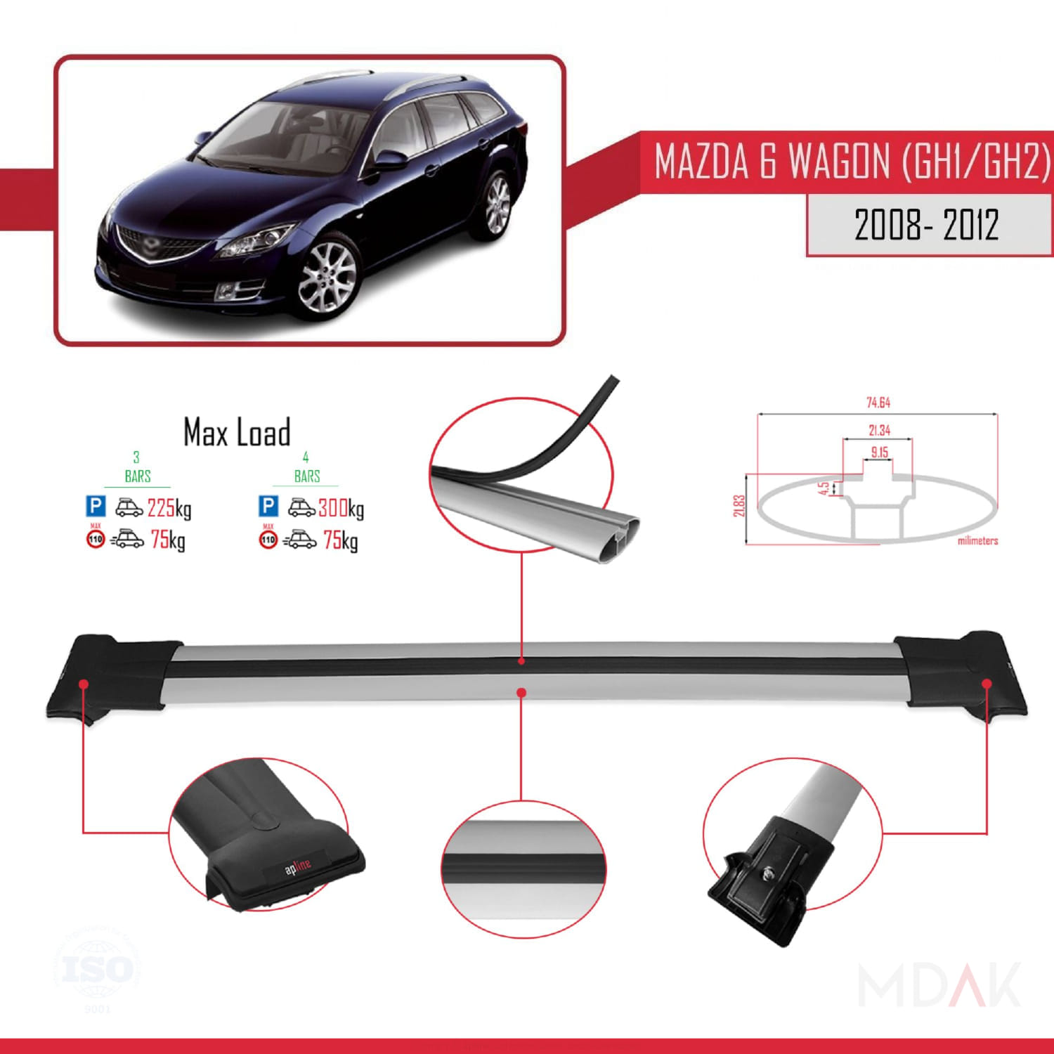 Mazda 6 II (GZ) Wagon 2008-2012 Arası ile Uyumlu FLY Model Ara Atkı Tavan Barı Gri 3 Adet - Görsel 3