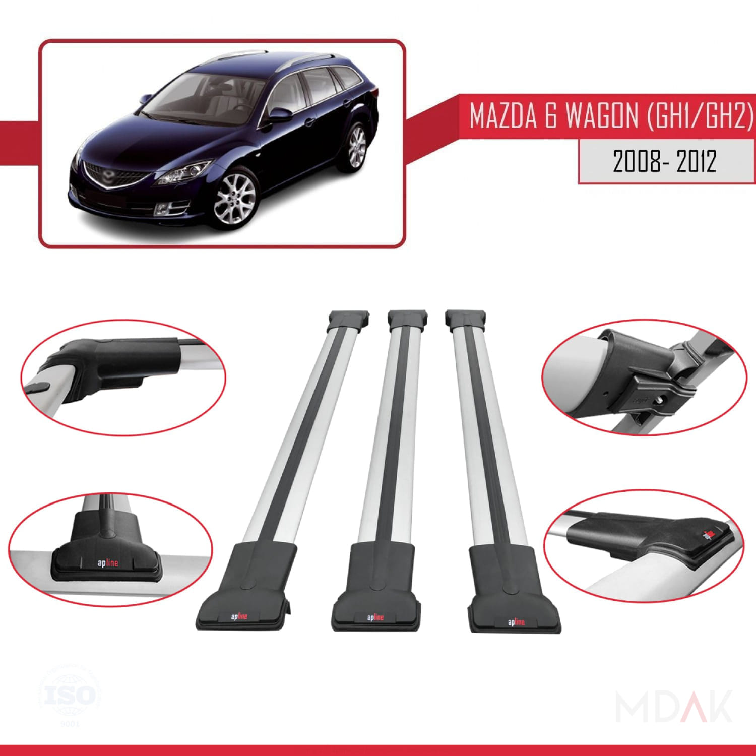 Mazda 6 II (GZ) Wagon 2008-2012 Arası ile Uyumlu FLY Model Ara Atkı Tavan Barı Gri 3 Adet - Görsel 4