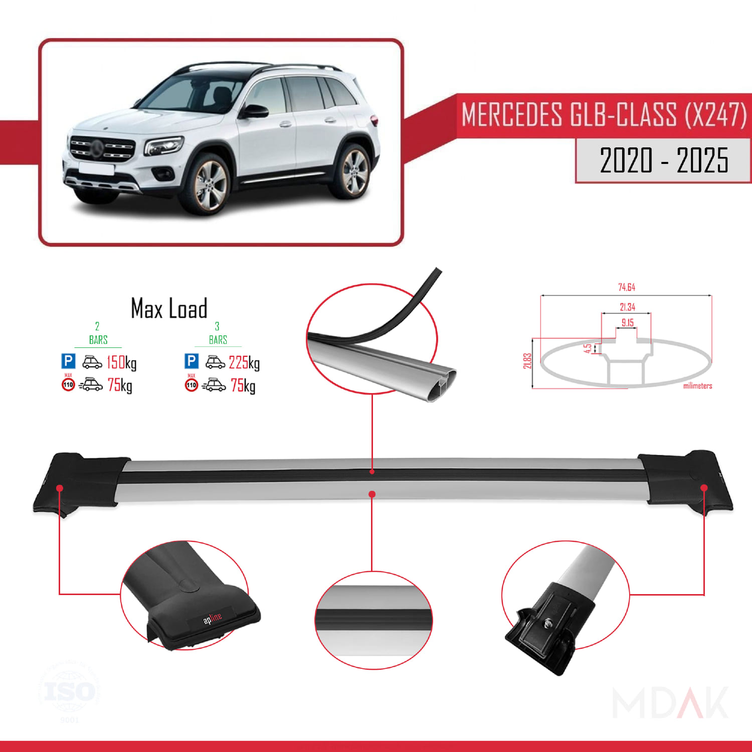 Mercedes GLB Class (X247) 2020 ve Sonrası ile Uyumlu FLY Model Ara Atkı Tavan Barı Gri 2 Adet - Görsel 3