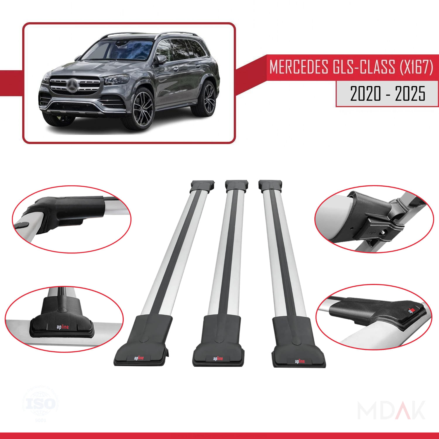 Mercedes GLS Class (X167) 2020 ve Sonrası ile Uyumlu FLY Model Ara Atkı Tavan Barı Gri 3 Adet - Görsel 4
