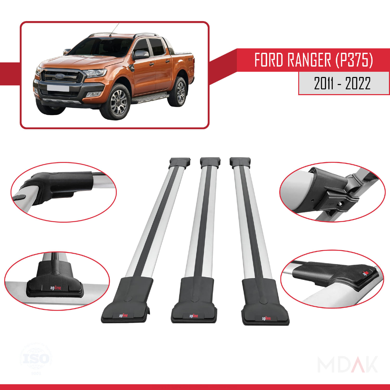 Ford Ranger (P375) 2011-2022 Arası ile Uyumlu FLY Model Ara Atkı Tavan Barı Gri 3 Adet - Görsel 4