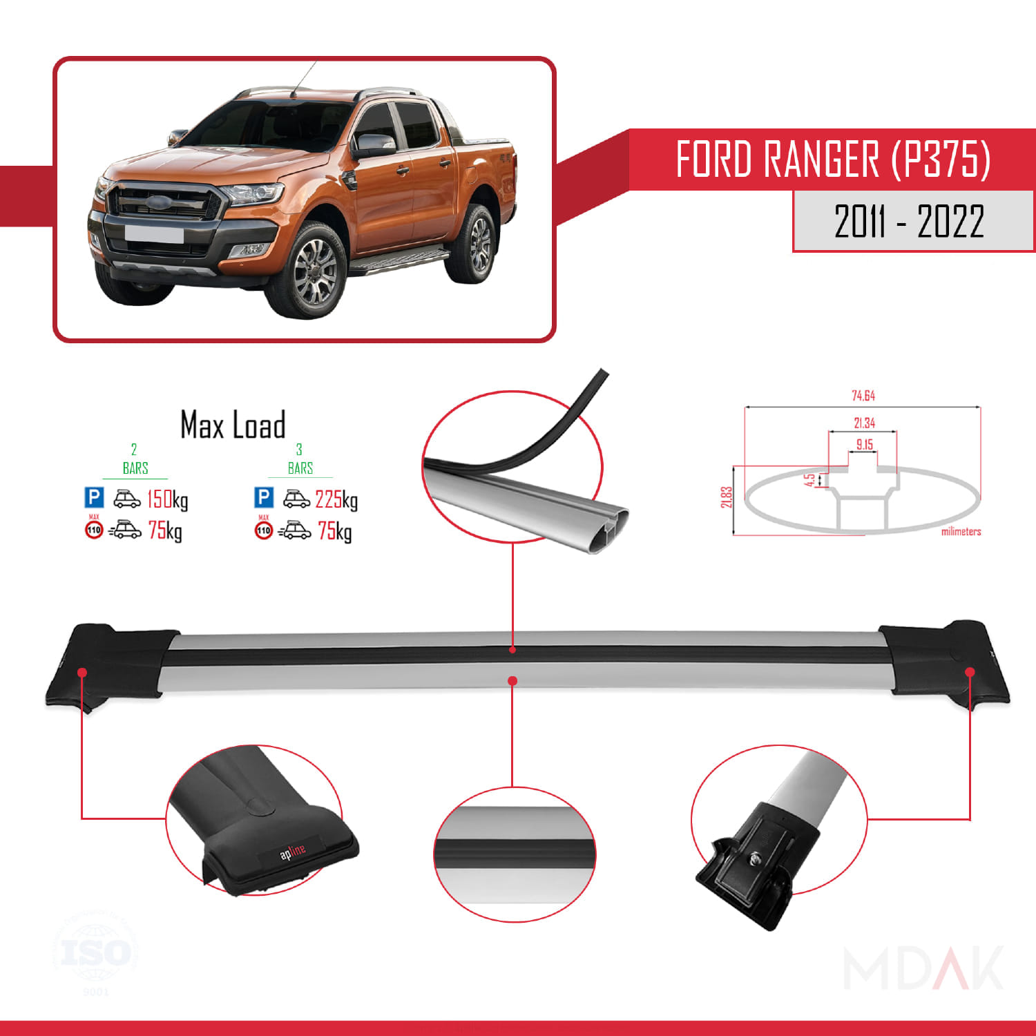 Ford Ranger (P375) 2011-2022 Arası ile Uyumlu FLY Model Ara Atkı Tavan Barı Gri 2 Adet - Görsel 4
