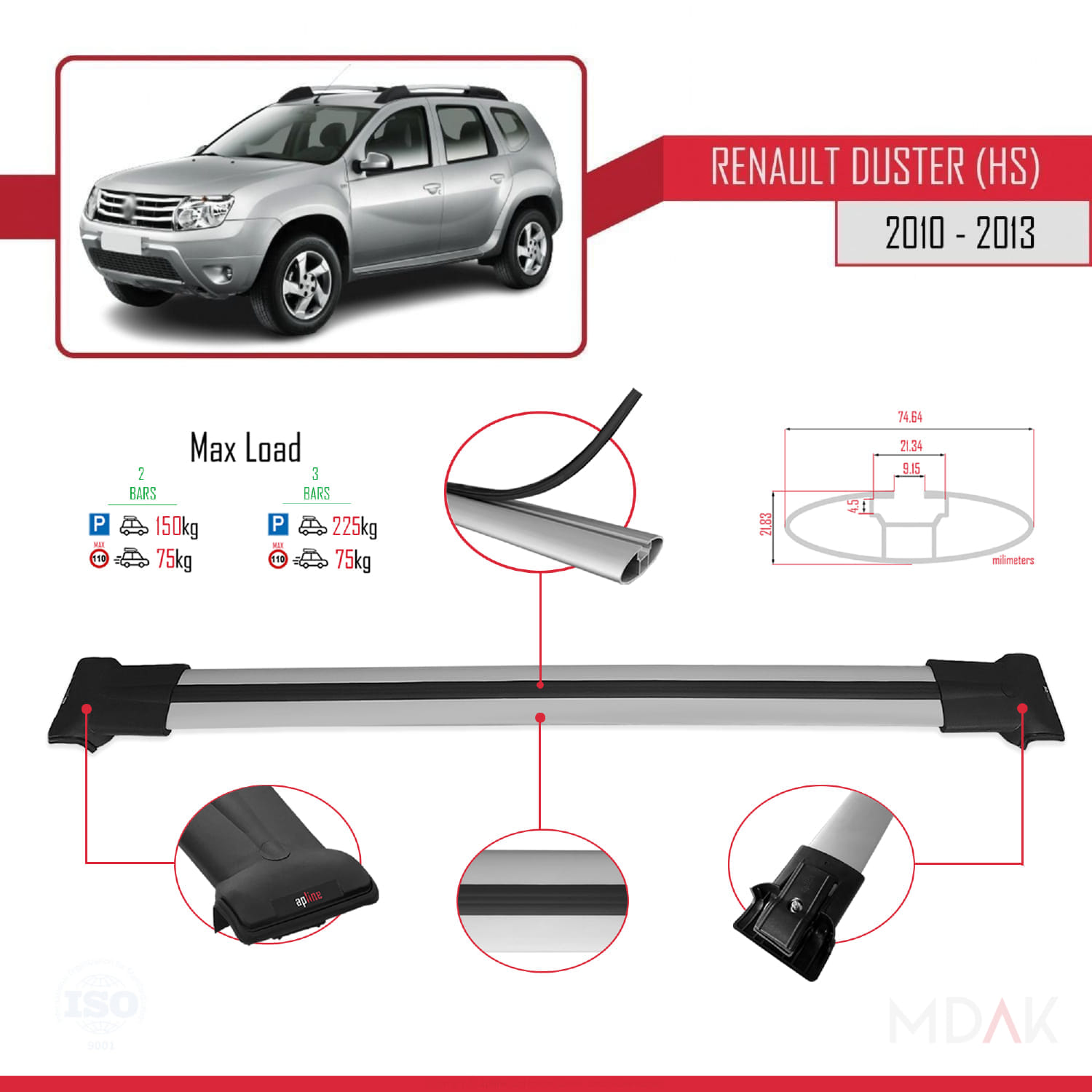 Renault Duster (HS) Pre-Facelift 2010-2013 Arası ile Uyumlu FLY Model Ara Atkı Tavan Barı Gri 2 Adet - Görsel 3