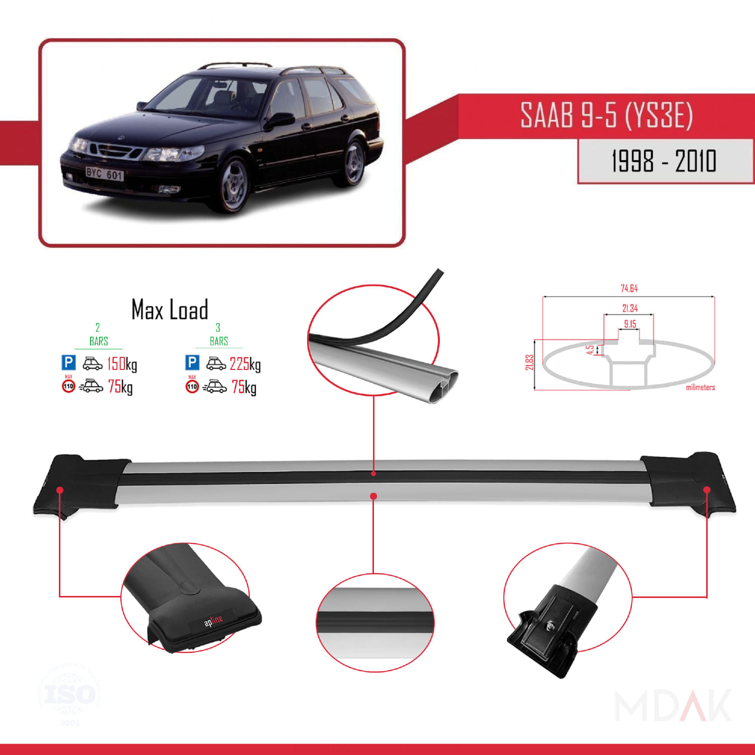 Saab 9-5 (YS3E) SW 1998-2010 Arası ile Uyumlu FLY Model Ara Atkı Tavan Barı Gri 2 Adet - Görsel 3