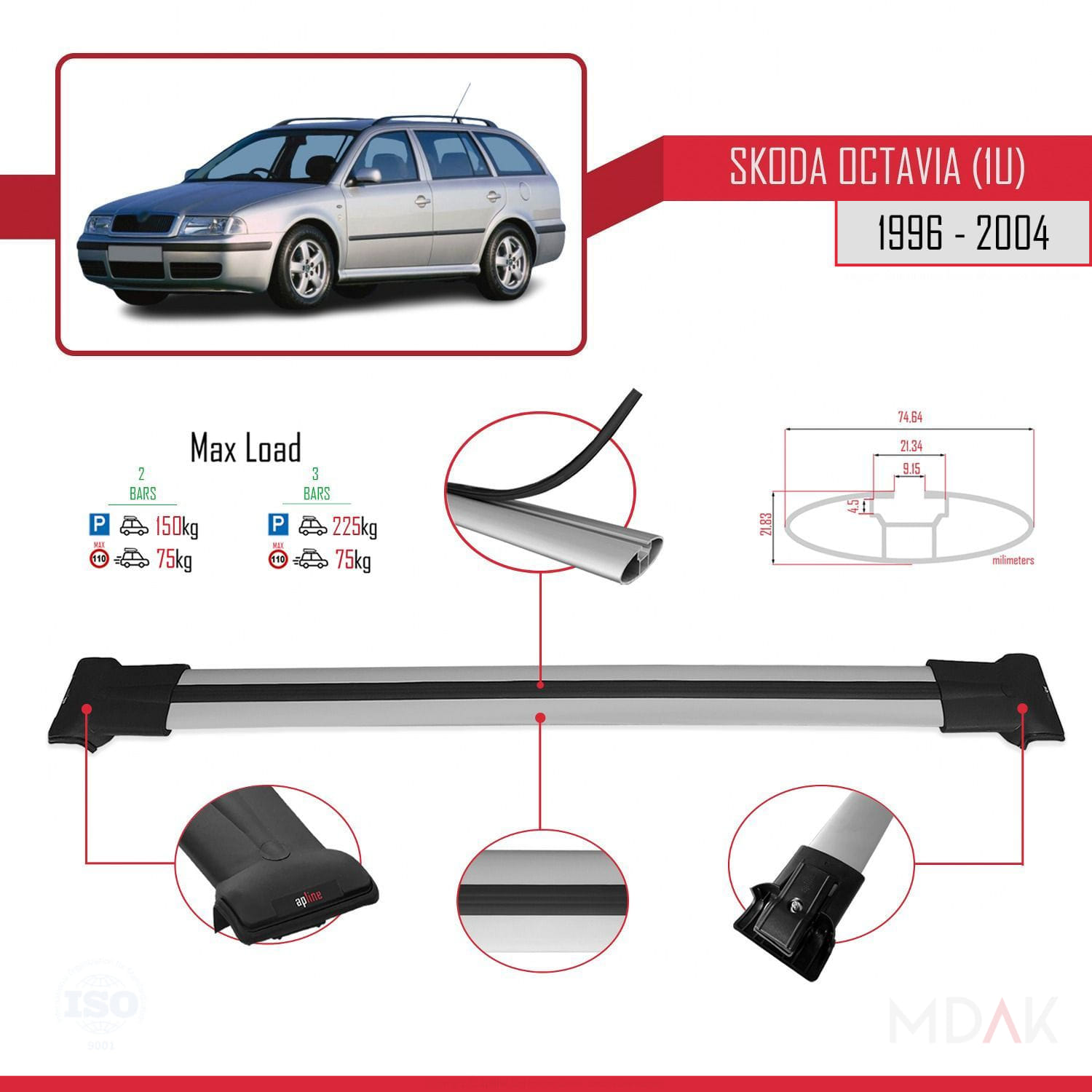 Skoda Octavia (1U) 1996-2004 Arası ile Uyumlu FLY Model Ara Atkı Tavan Barı Gri 2 Adet - Görsel 3
