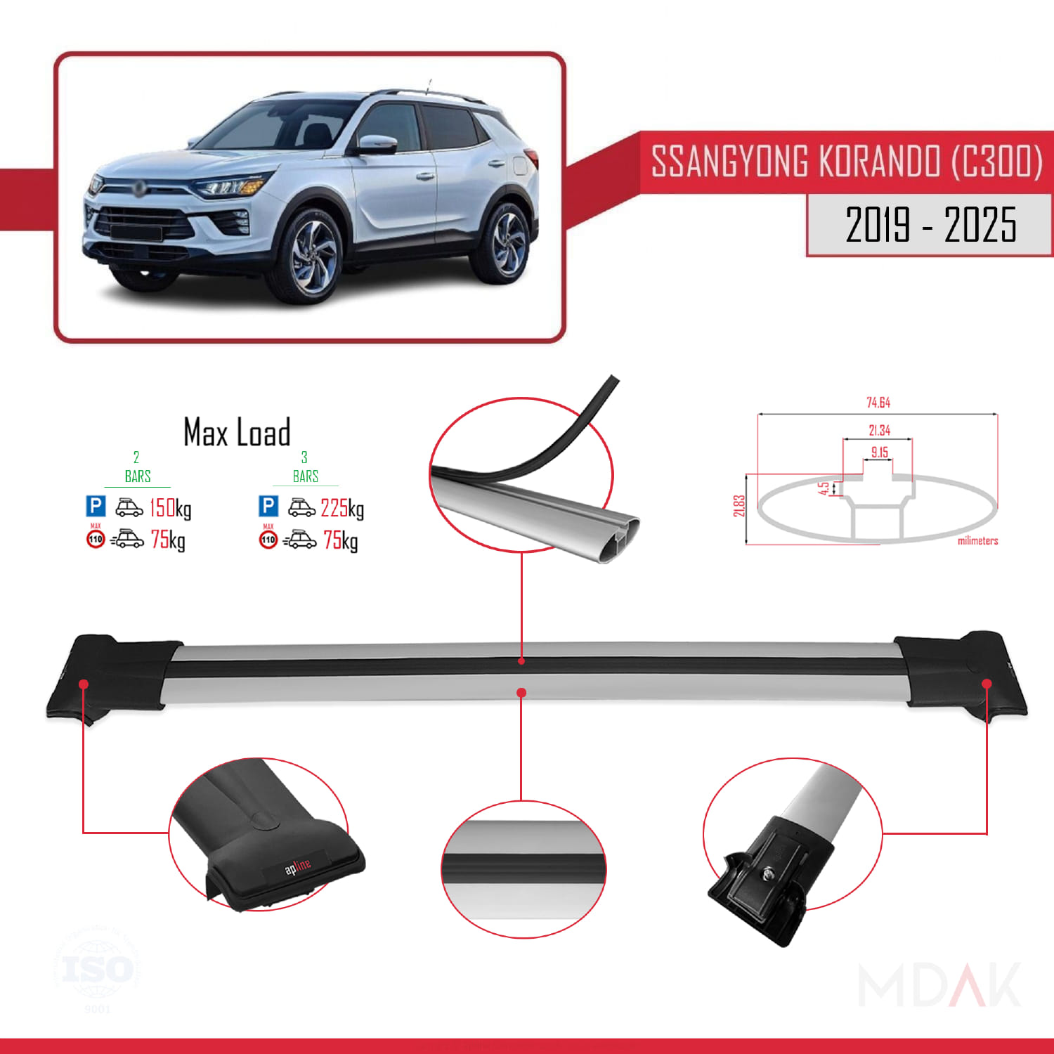 Ssangyong Korando 4 (C300) 2019 ve Sonrası ile Uyumlu FLY Model Ara Atkı Tavan Barı Gri 2 Adet - Görsel 3