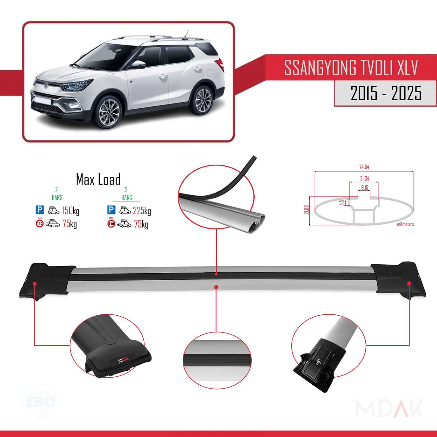 Ssangyong Tivoli XLV 2015-2023 Arası ile Uyumlu FLY Model Ara Atkı Tavan Barı Gri 2 Adet - Görsel 3