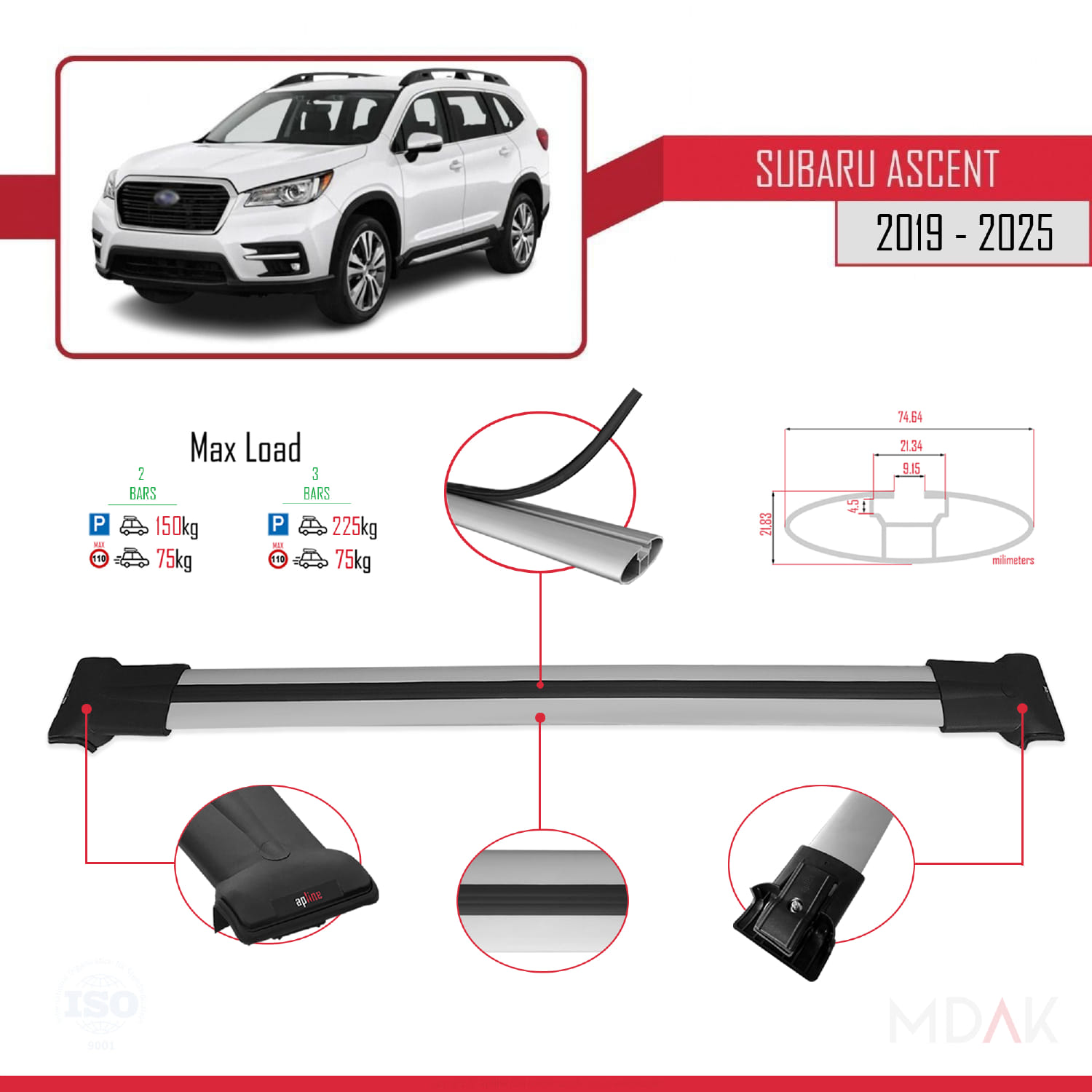 Subaru Ascent 2019 ve Sonrası ile Uyumlu FLY Model Ara Atkı Tavan Barı Gri 2 Adet - Görsel 3