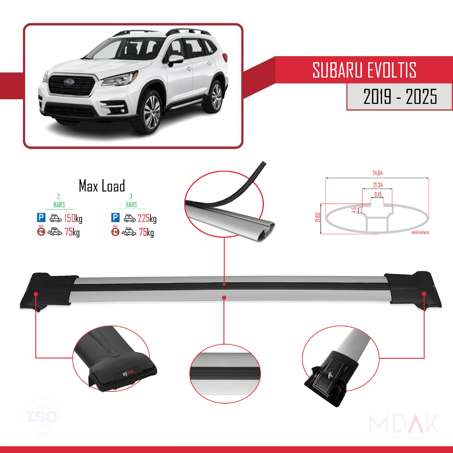 Subaru Evoltis 2019 ve Sonrası ile Uyumlu FLY Model Ara Atkı Tavan Barı Gri 2 Adet - Görsel 3