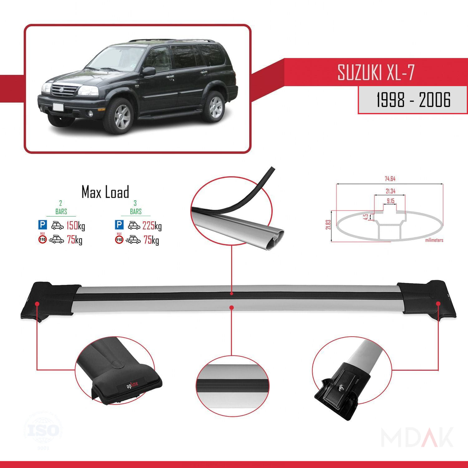 Suzuki XL-7 1998-2006 Arası ile Uyumlu FLY Model Ara Atkı Tavan Barı Gri 2 Adet - Görsel 3