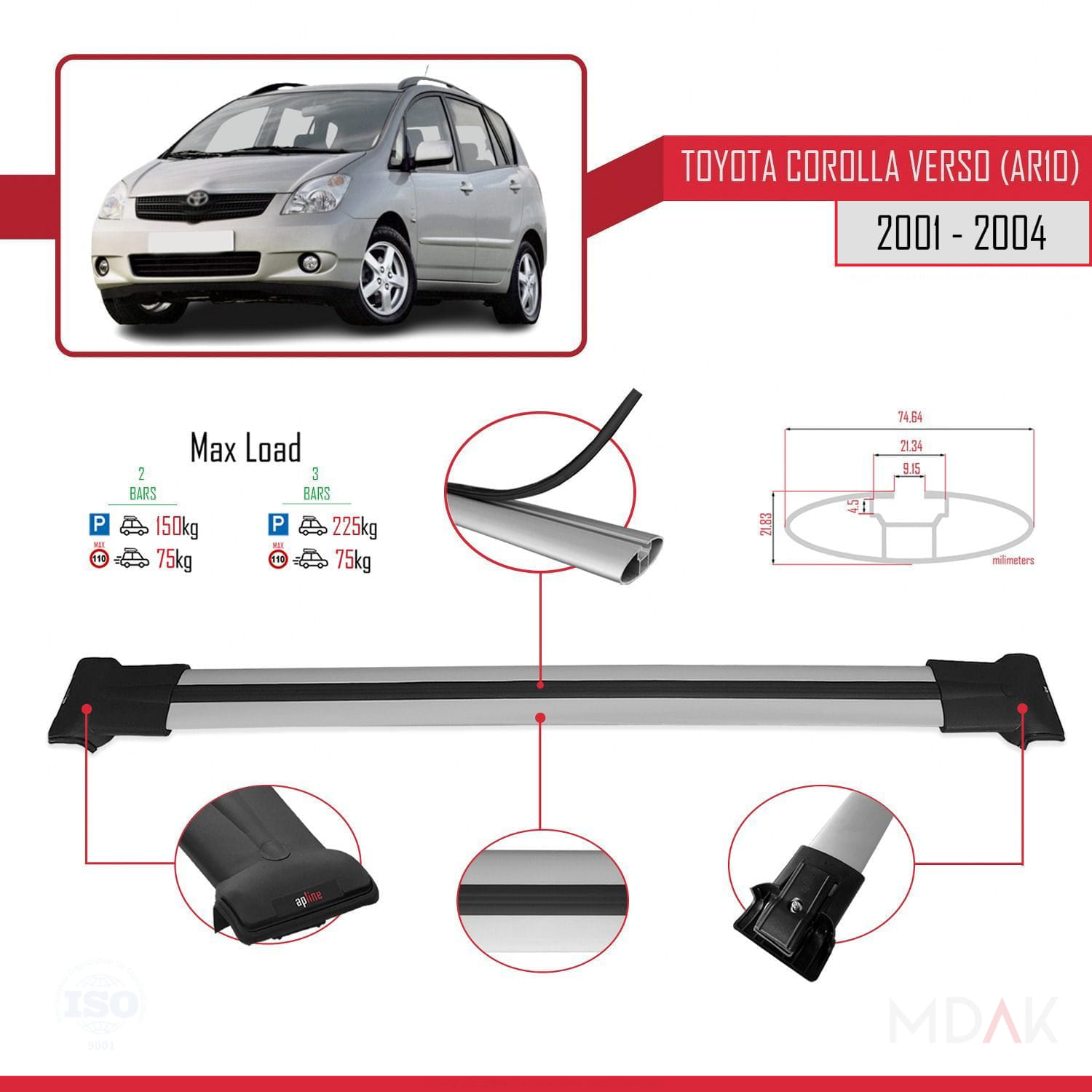 Toyota Corolla Verso (E120) 2001-2004 Arası ile Uyumlu FLY Model Ara Atkı Tavan Barı Gri 2 Adet - Görsel 3