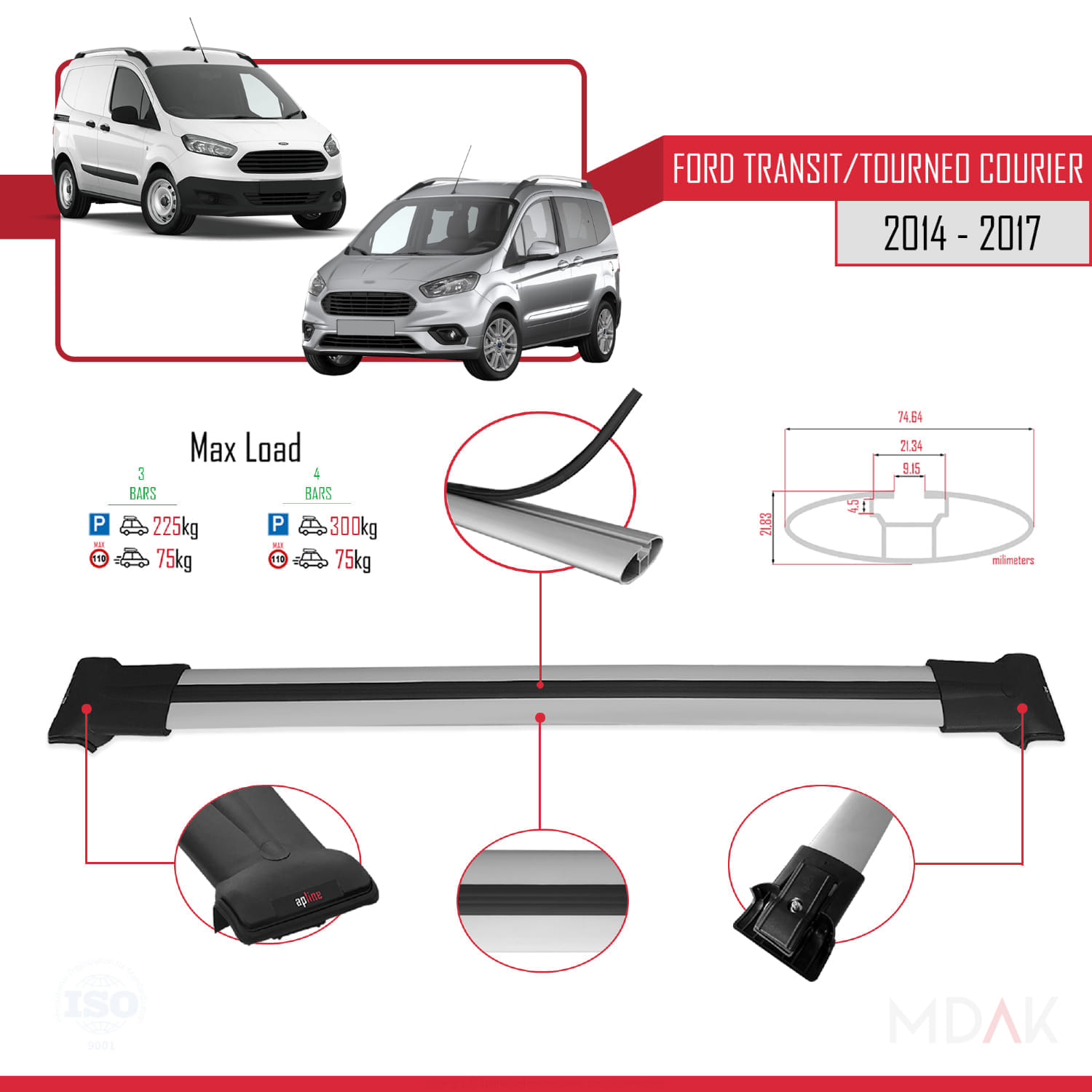 Ford Transit/Tourneo Courier Pre-Facelift 2014-2017 Arası ile Uyumlu FLY Model Ara Atkı Tavan Barı Gri 3 Adet - Görsel 3