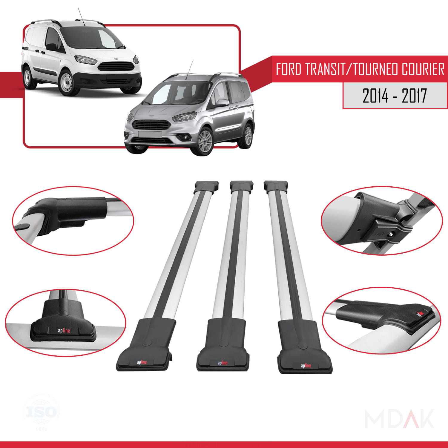 Ford Transit/Tourneo Courier Pre-Facelift 2014-2017 Arası ile Uyumlu FLY Model Ara Atkı Tavan Barı Gri 3 Adet - Görsel 4