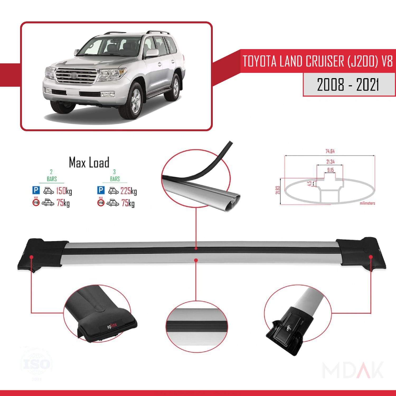 Toyota Land Cruiser V8 (J200) 2008-2021 Arası ile Uyumlu FLY Model Ara Atkı Tavan Barı Gri 2 Adet - Görsel 3
