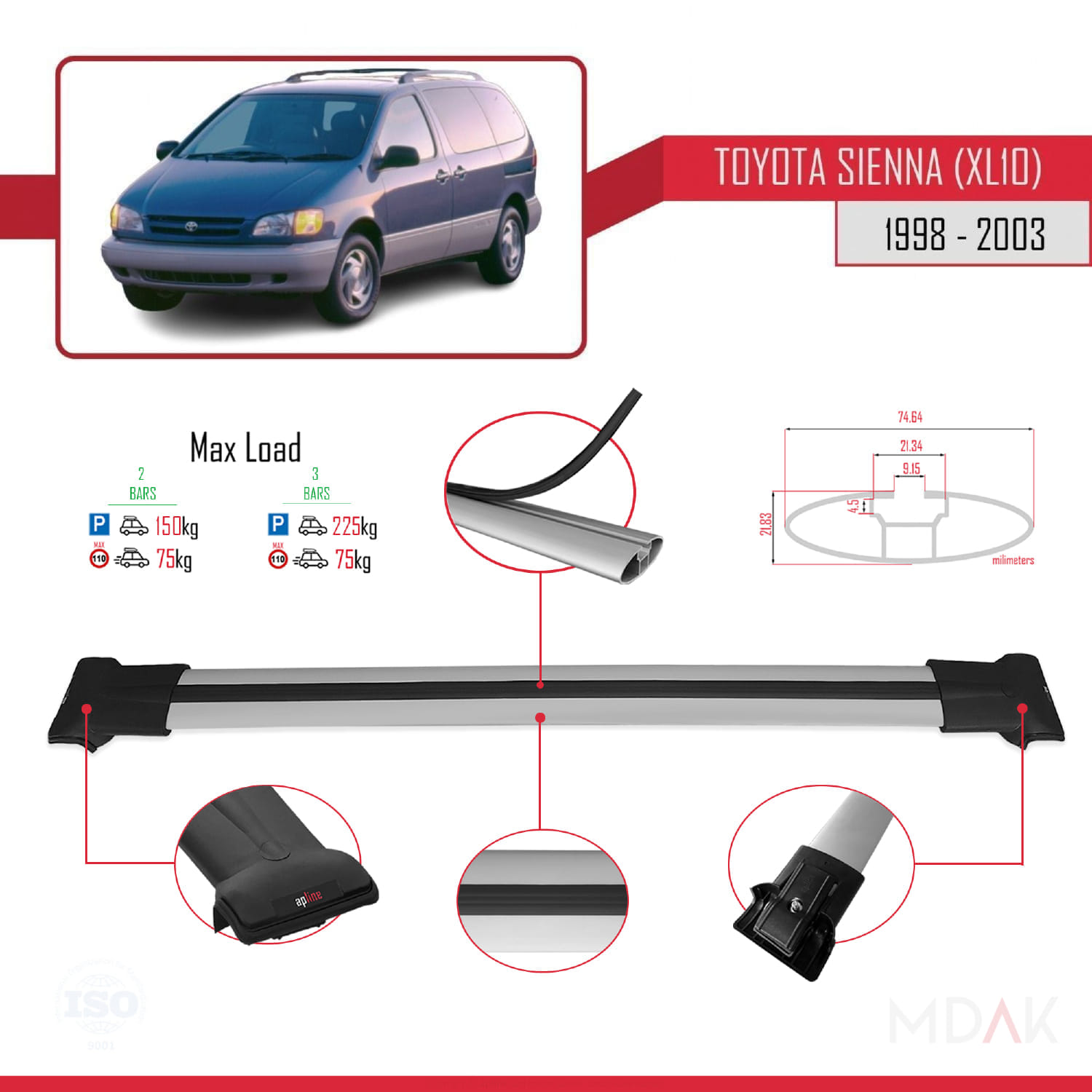 Toyota Sienna (XL10) 1998-2003 Arası ile Uyumlu FLY Model Ara Atkı Tavan Barı Gri 2 Adet - Görsel 3