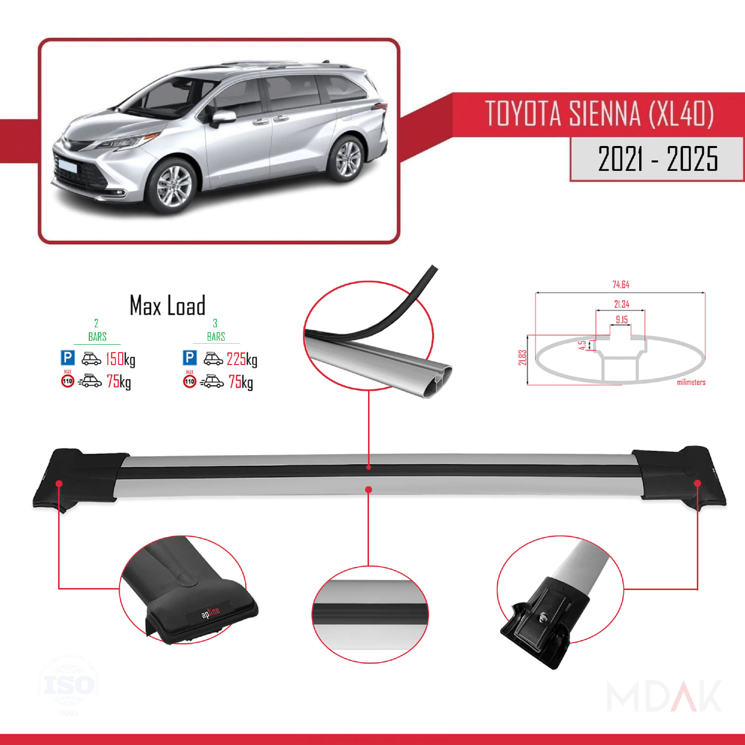 Toyota Sienna 4 (XL40) 2021 ve Sonrası ile Uyumlu FLY Model Ara Atkı Tavan Barı Gri 2 Adet - Görsel 3