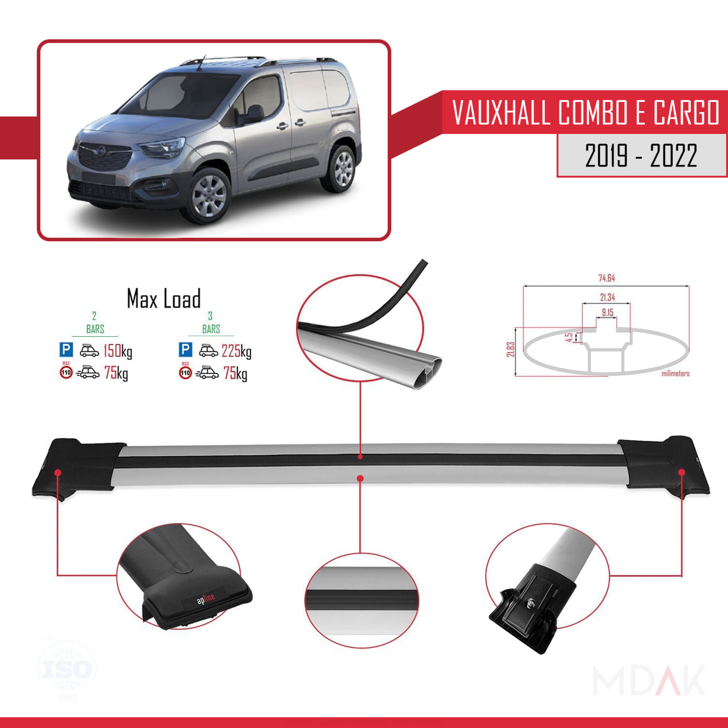 Vauxhall Combo E Cargo 2019-2022 Arası ile Uyumlu FLY Model Ara Atkı Tavan Barı Gri 2 Adet - Görsel 3