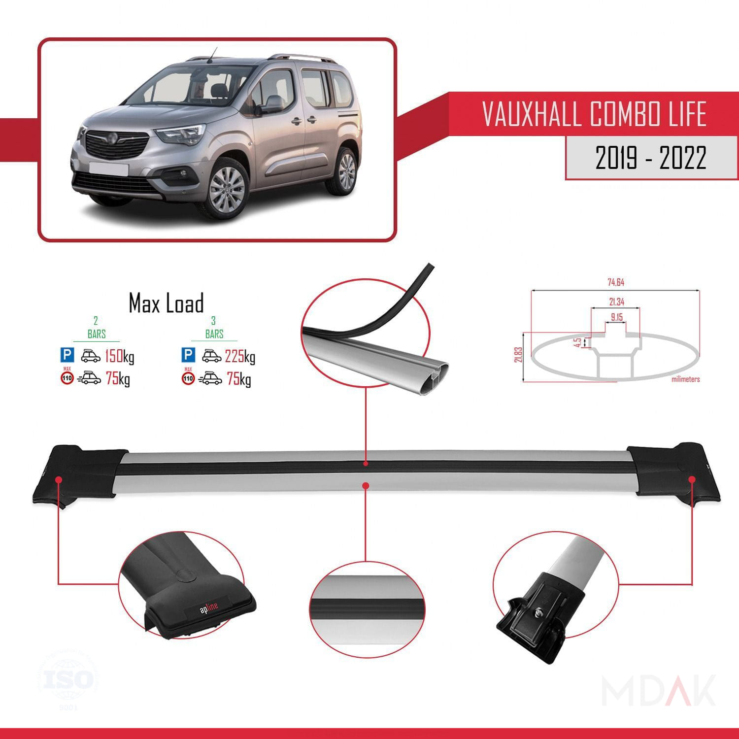 Vauxhall Combo E Life 2019-2022 Arası ile Uyumlu FLY Model Ara Atkı Tavan Barı Gri 2 Adet - Görsel 3