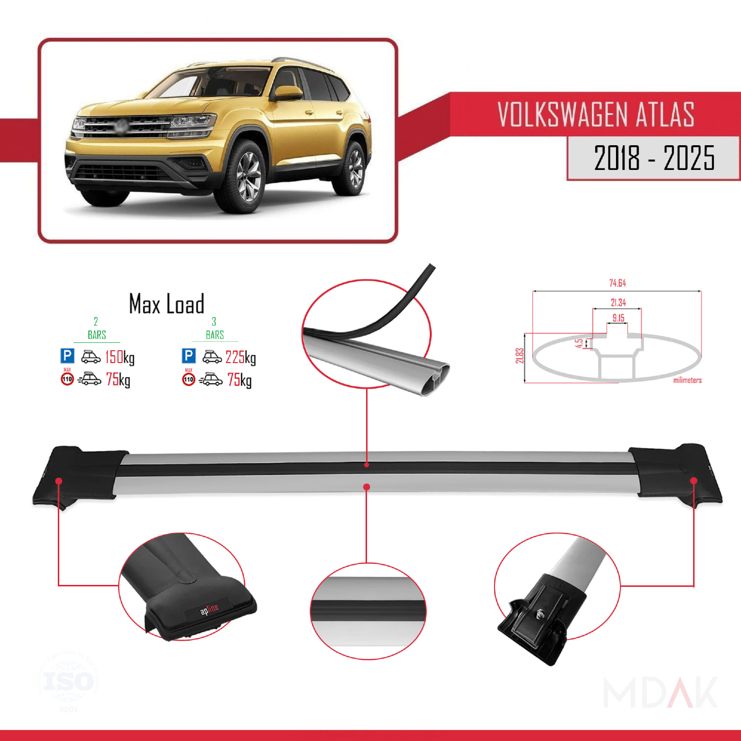 Volkswagen Atlas (CA1) 2018 ve Sonrası ile Uyumlu FLY Model Ara Atkı Tavan Barı Gri 2 Adet - Görsel 3