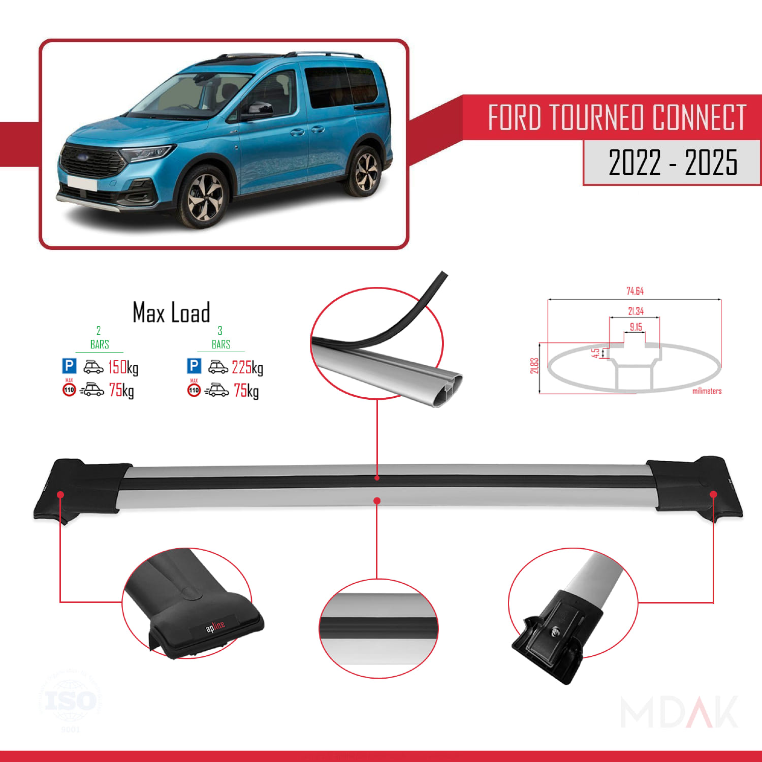 Ford Transit/Tourneo Connect 3 2022 ve Sonrası ile Uyumlu FLY Model Ara Atkı Tavan Barı Gri 2 Adet - Görsel 3