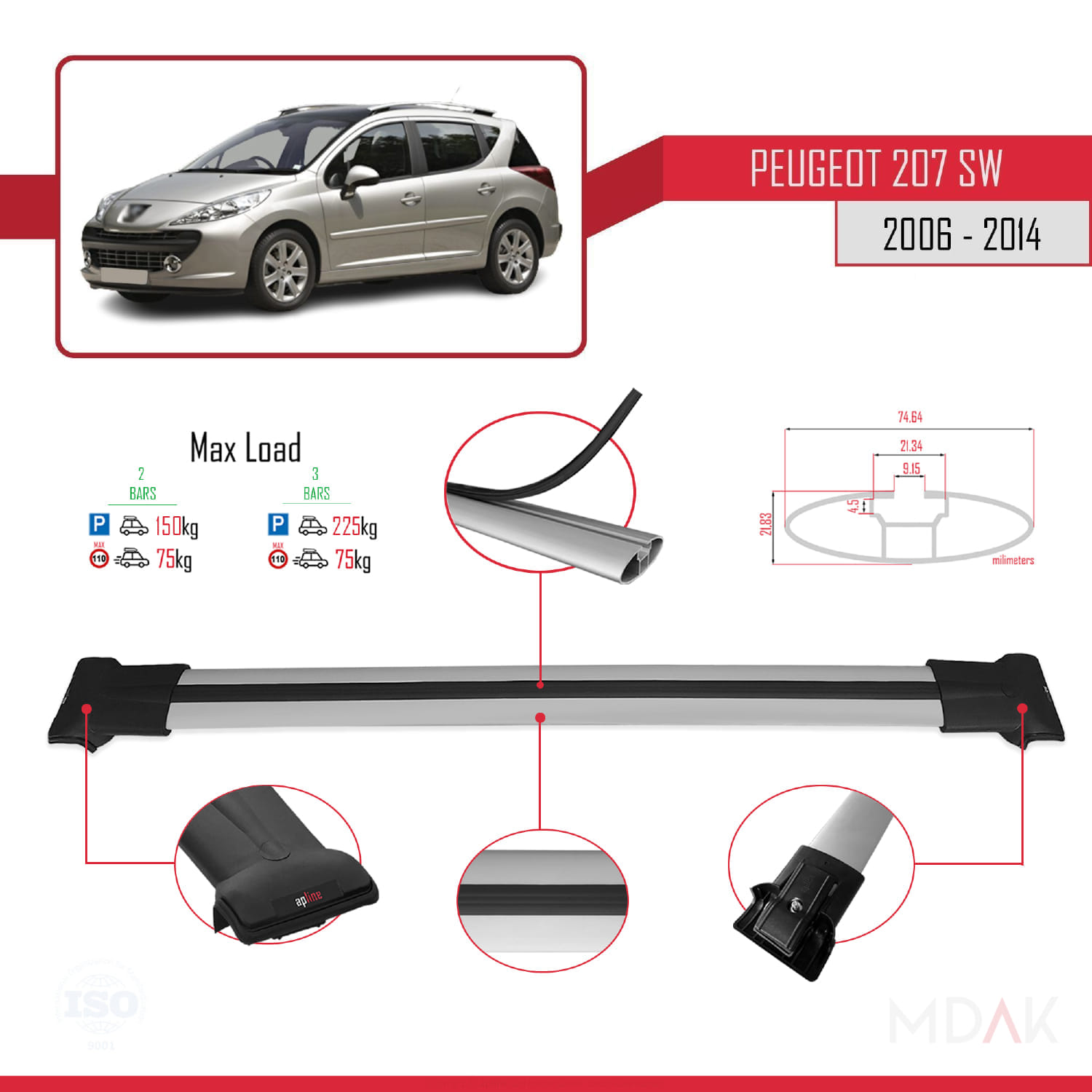 Peugeot 207 SW 2006-2014 Arası ile Uyumlu FLY Model Ara Atkı Tavan Barı Gri 2 Adet - Görsel 3