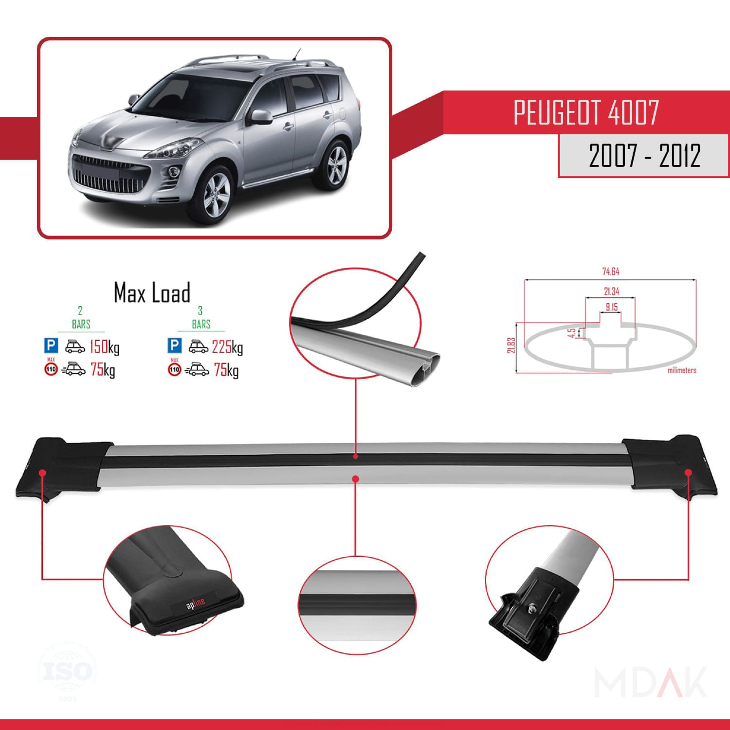 Peugeot 4007 2007-2012 Arası ile Uyumlu FLY Model Ara Atkı Tavan Barı Gri 2 Adet - Görsel 3
