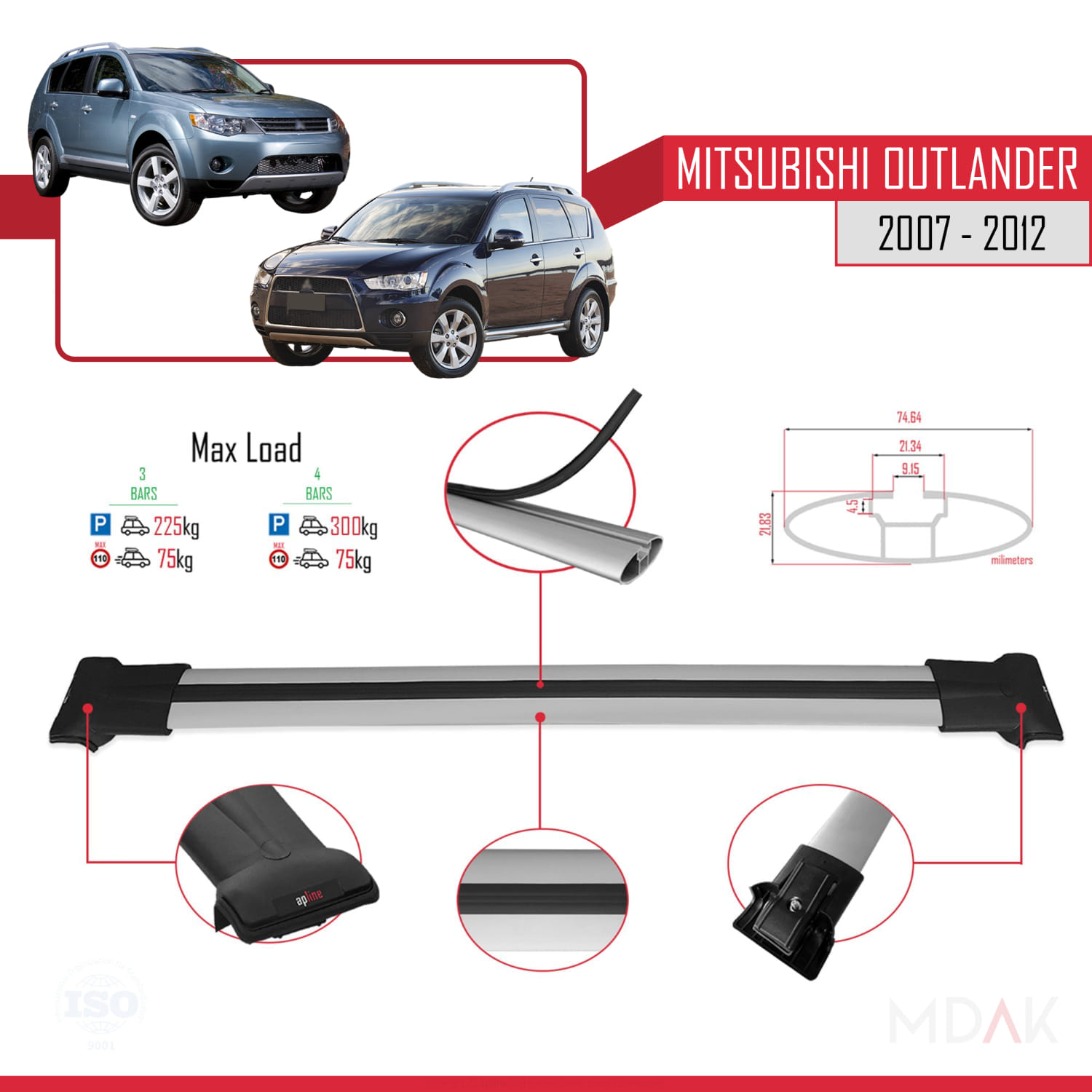 Mitsubishi Outlander 2 2007-2012 Arası ile Uyumlu FLY Model Ara Atkı Tavan Barı Gri 2 Adet - Görsel 3
