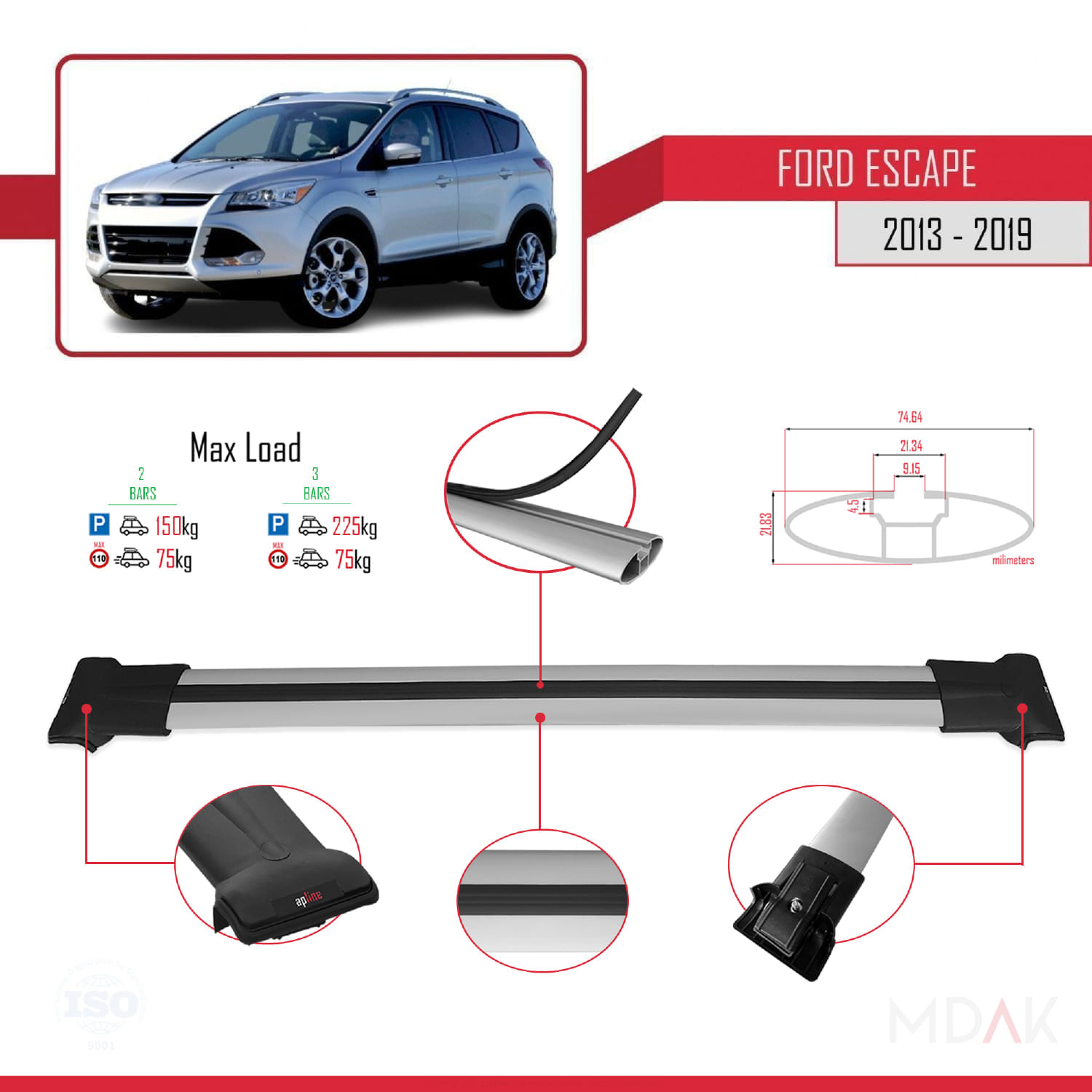 Ford Escape 3 2013-2019 Arası ile Uyumlu FLY Model Ara Atkı Tavan Barı Gri 2 Adet - Görsel 3