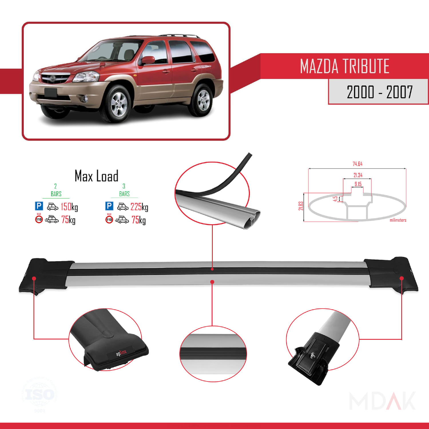 Mazda Tribute 2000-2007 Arası ile Uyumlu FLY Model Ara Atkı Tavan Barı Gri 2 Adet - Görsel 3
