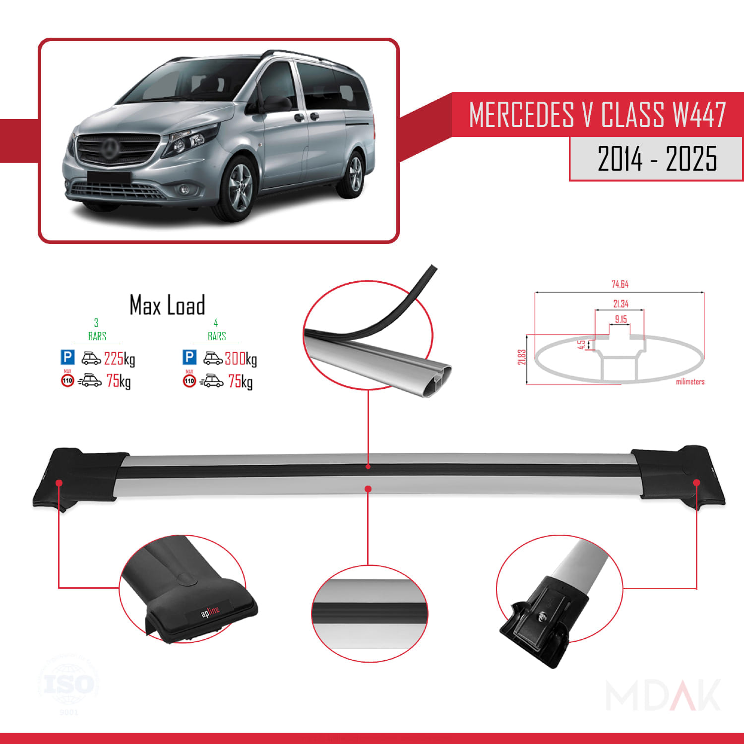 Mercedes V Class 3 (W447) 2014 ve Sonrası ile Uyumlu FLY Model Ara Atkı Tavan Barı Gri 3 Adet - Görsel 3
