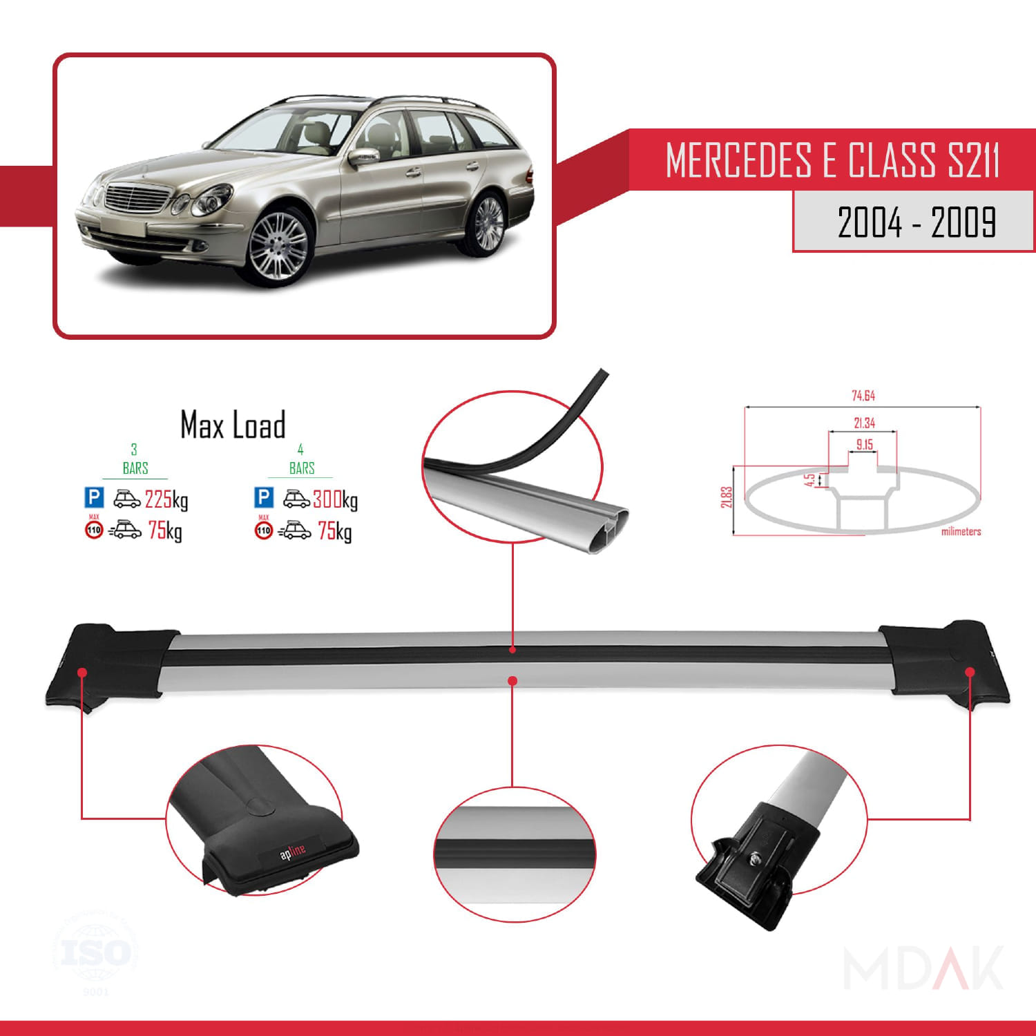 Mercedes E Class 3 (S211) 2004-2009 Arası ile Uyumlu FLY Model Ara Atkı Tavan Barı Gri 3 Adet - Görsel 3