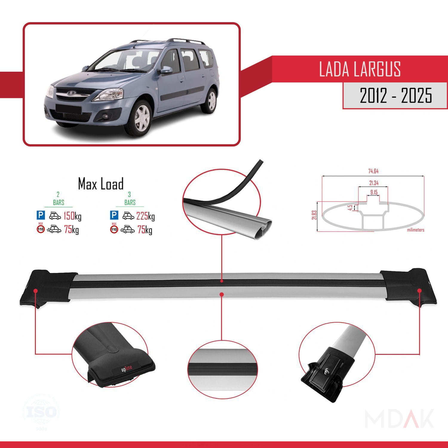 Lada Largus 2012 ve Sonrası ile Uyumlu FLY Model Ara Atkı Tavan Barı Gri 2 Adet - Görsel 3