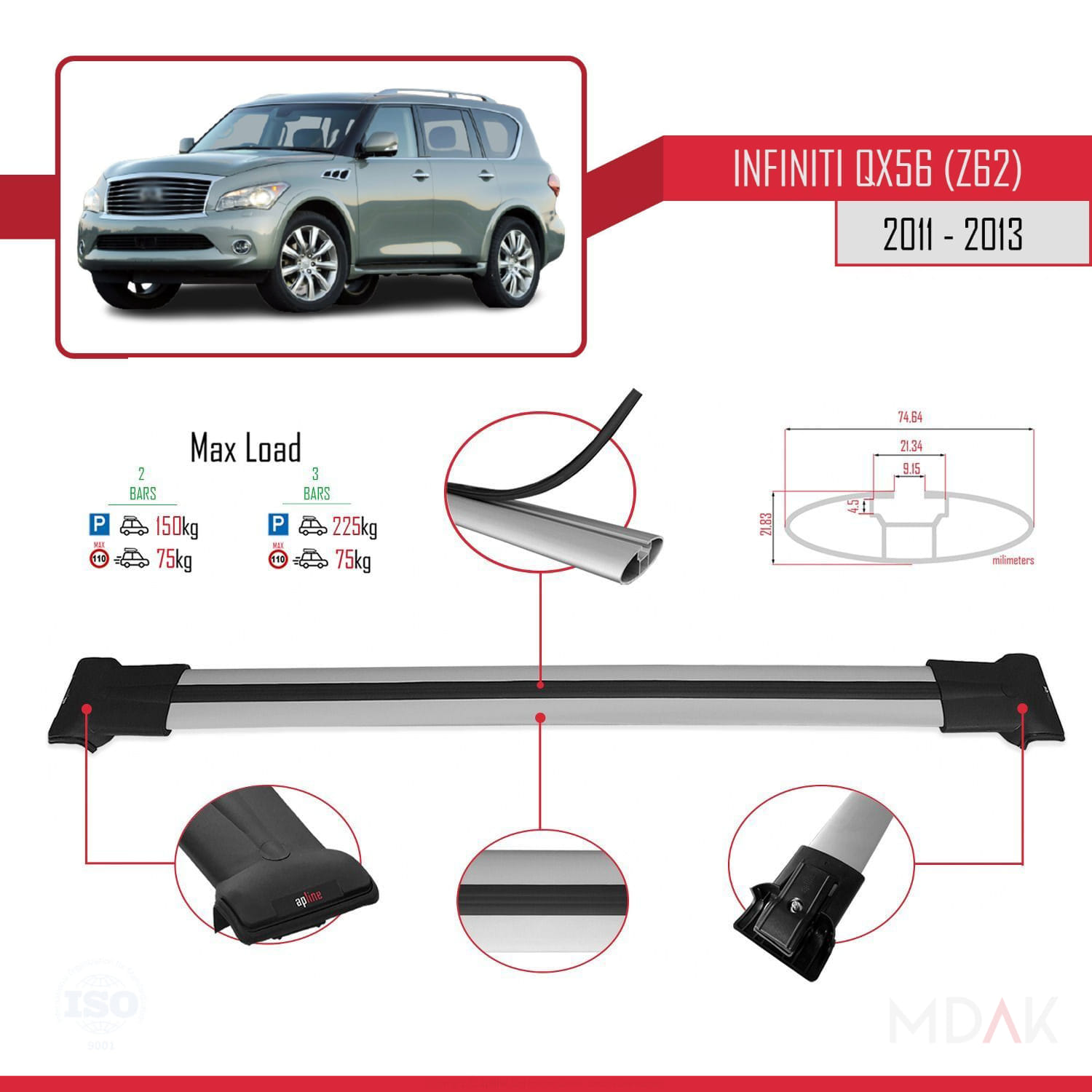 IInfiniti QX56 (Z62) 2011-2013 Arası ile Uyumlu FLY Model Ara Atkı Tavan Barı Gri 2 Adet - Görsel 3